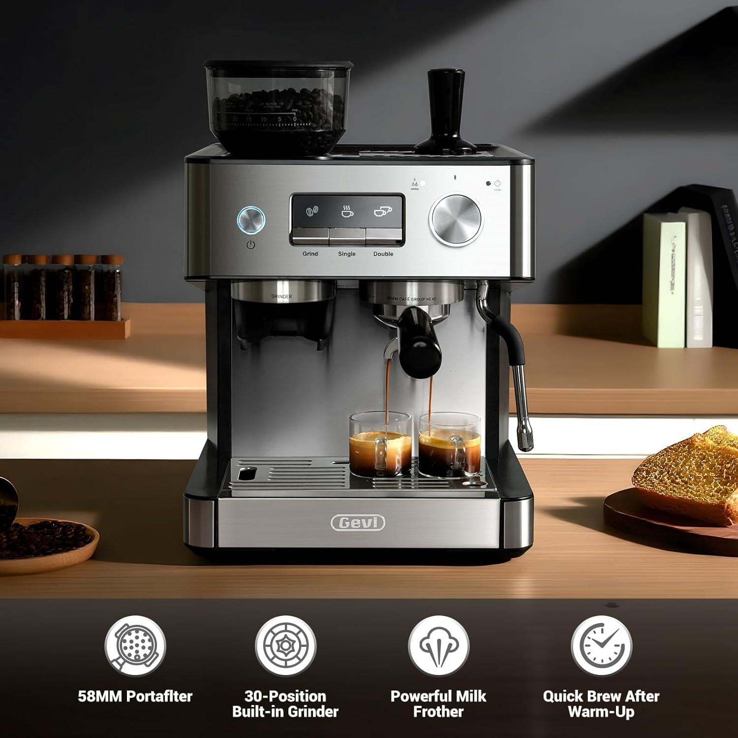 Cafetera Espresso Gevi 20 Bar con Molinillo y Espumador