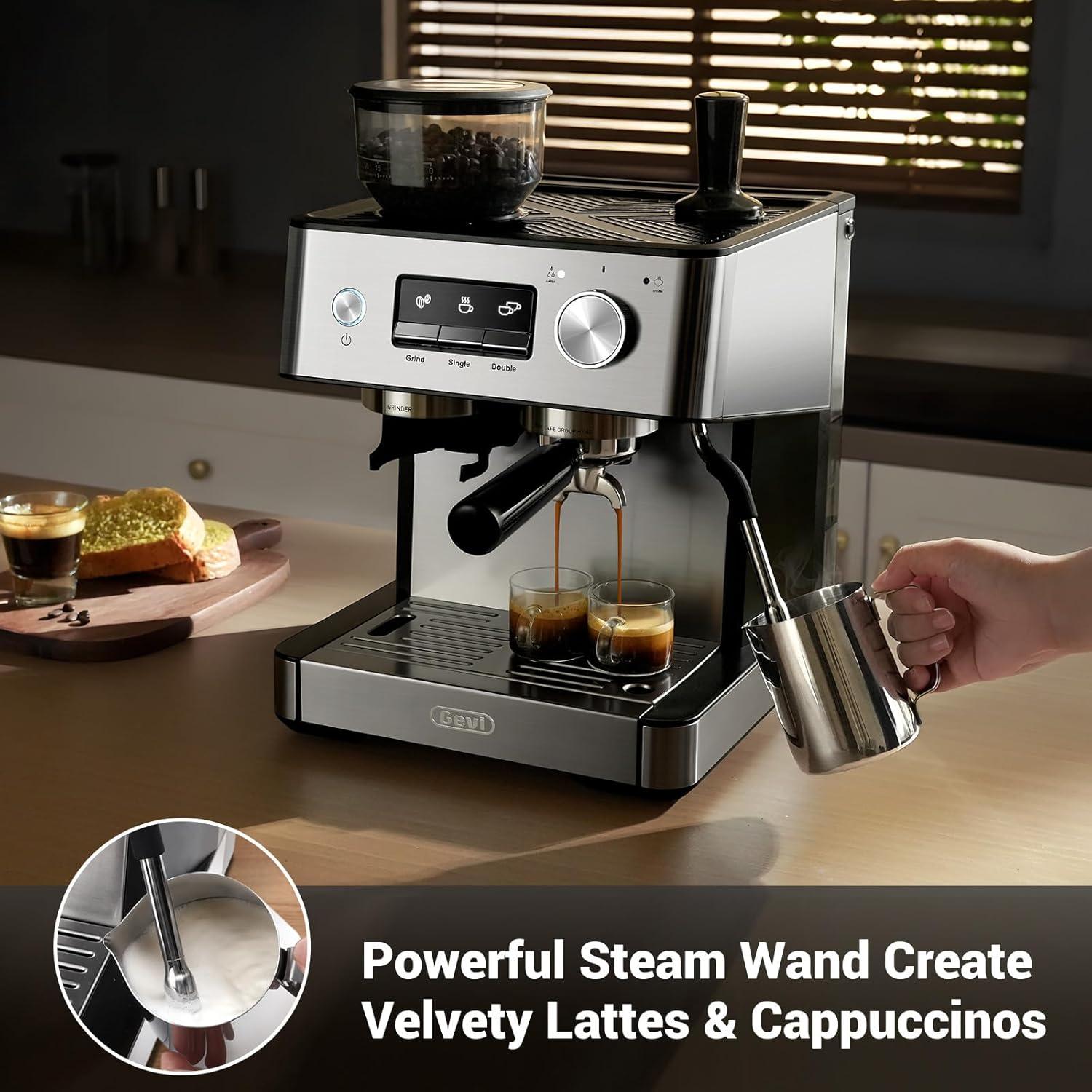 Cafetera Espresso Gevi 20 Bar con Molinillo y Espumador