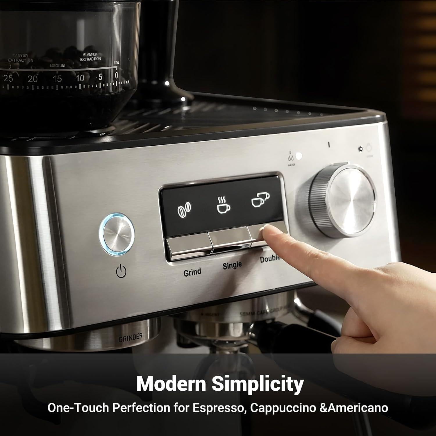 Cafetera Espresso Gevi 20 Bar con Molinillo y Espumador