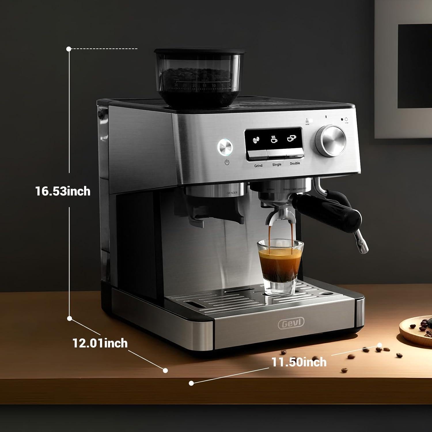 Cafetera Espresso Gevi 20 Bar con Molinillo y Espumador