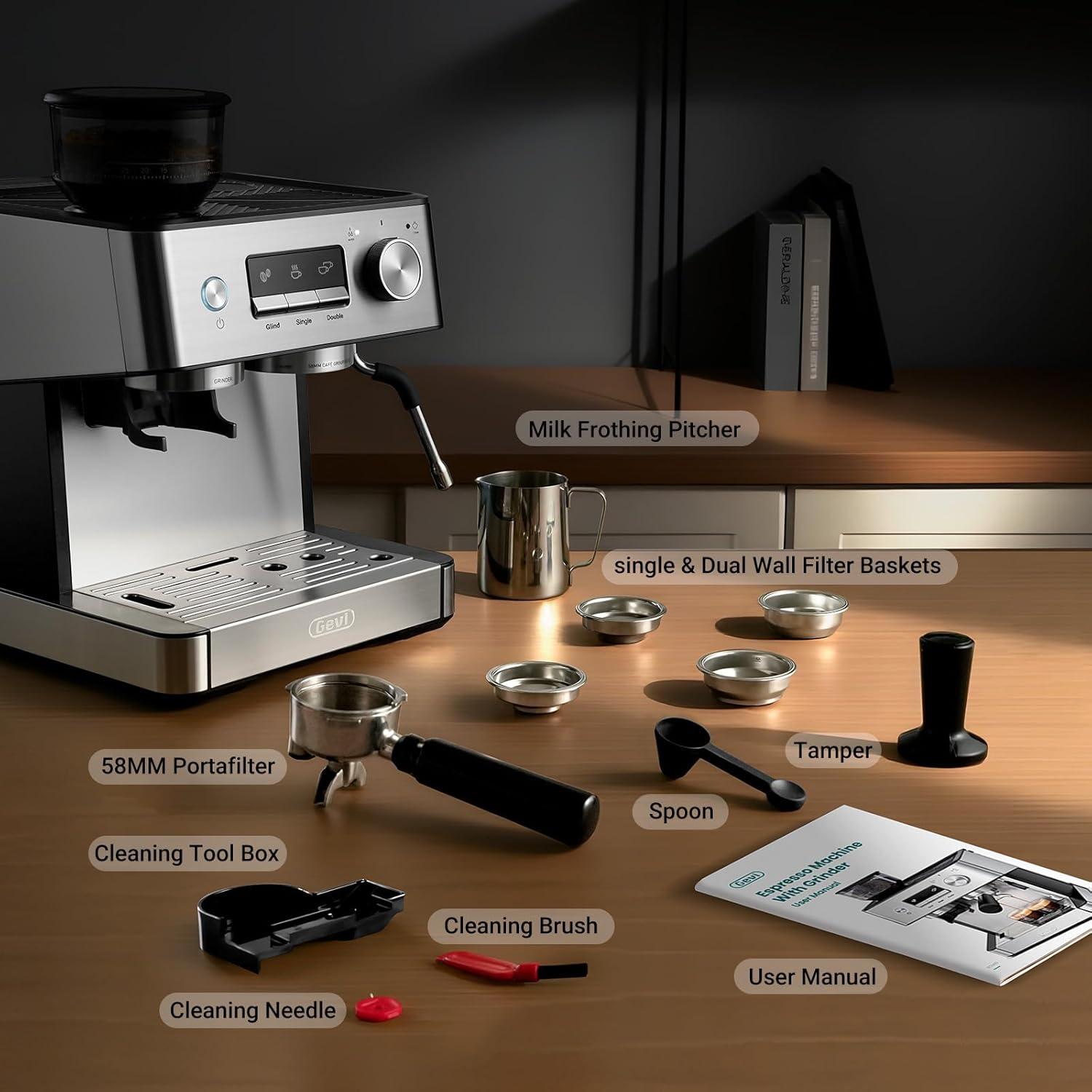 Cafetera Espresso Gevi 20 Bar con Molinillo y Espumador