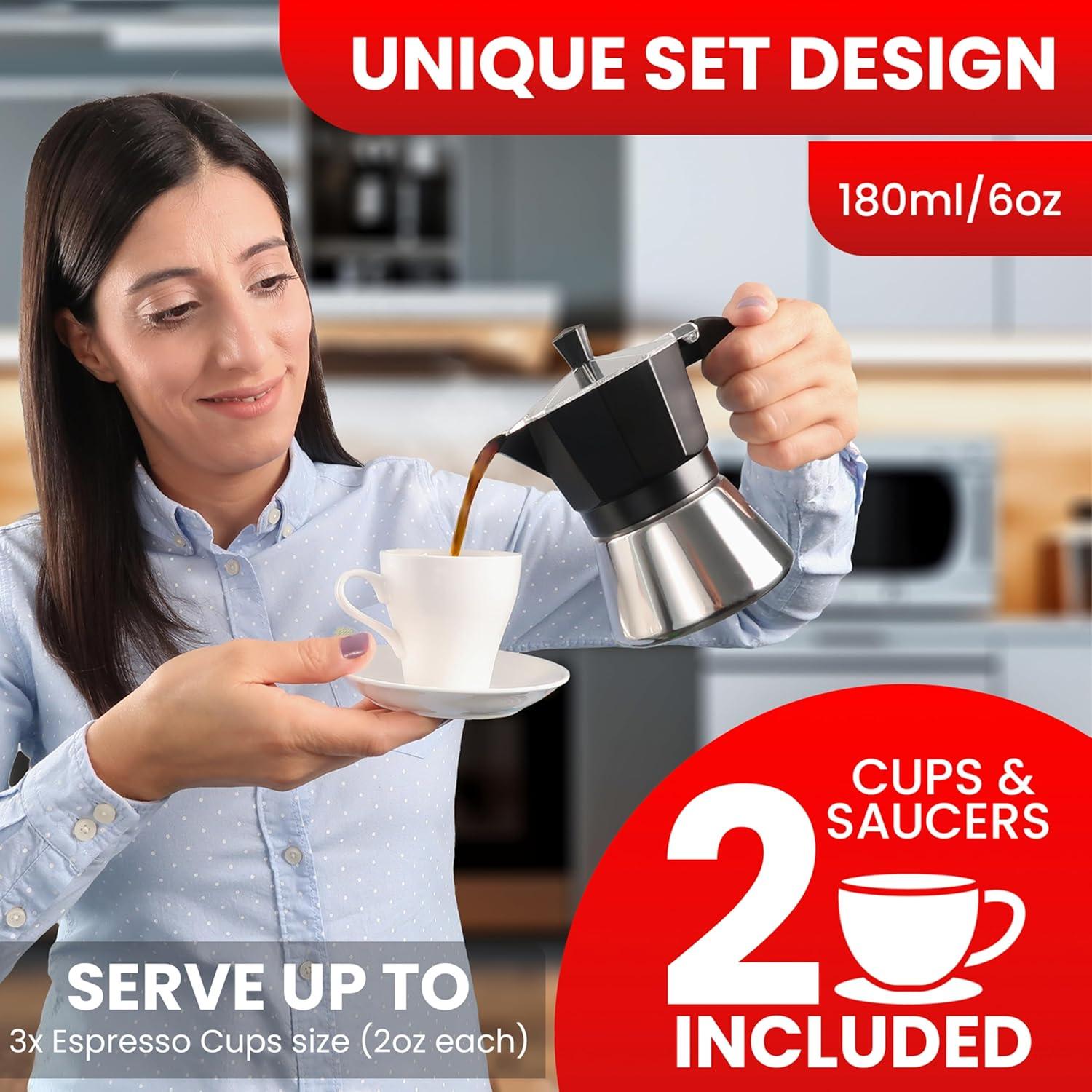 Cafetera Moka FUOCCI 3 Tazas Acero Inoxidable + 2 Tazas