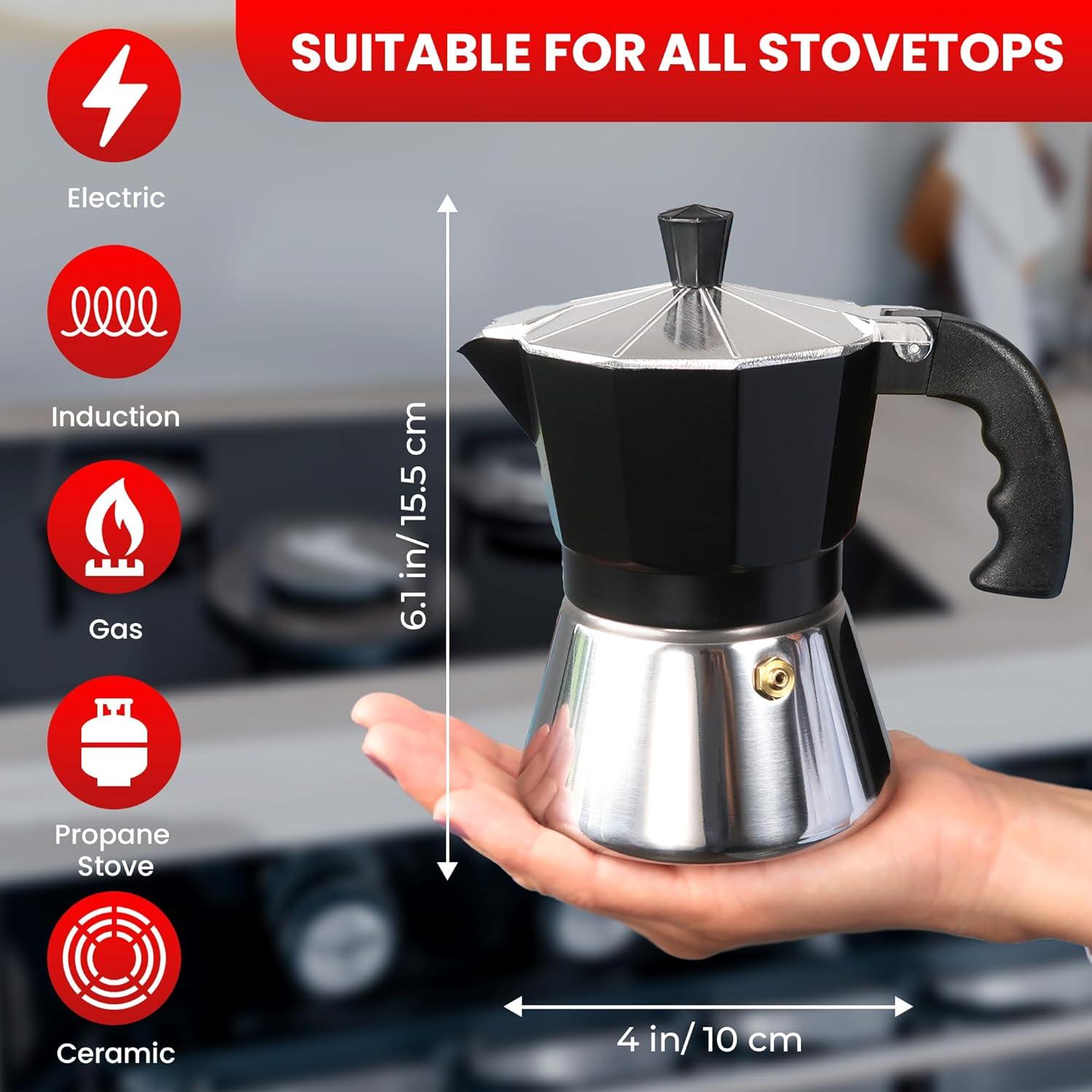 Cafetera Moka FUOCCI 3 Tazas Acero Inoxidable + 2 Tazas