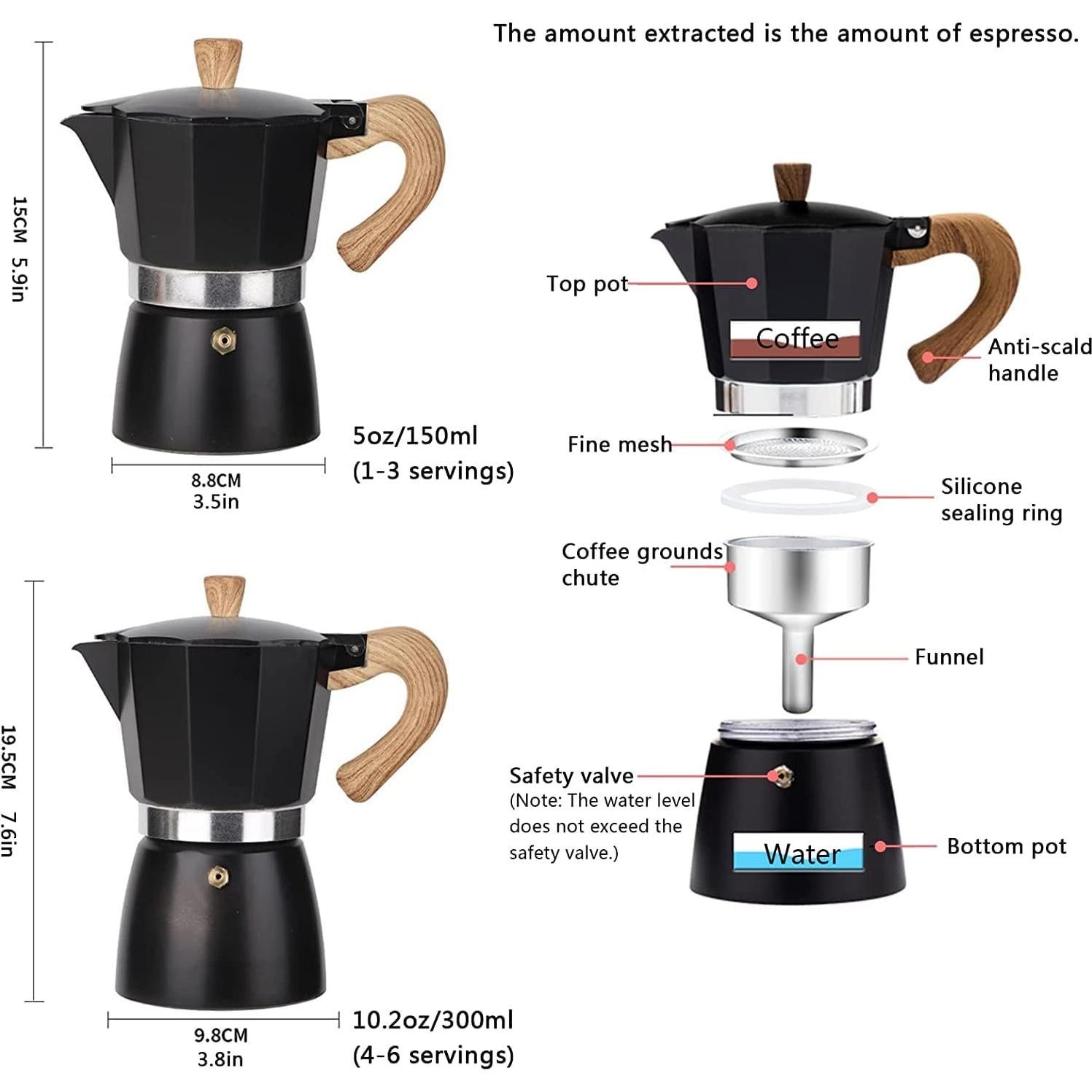 Cafetera Moka Pot Conyee 6 Tazas 300 ML Aluminio Negro