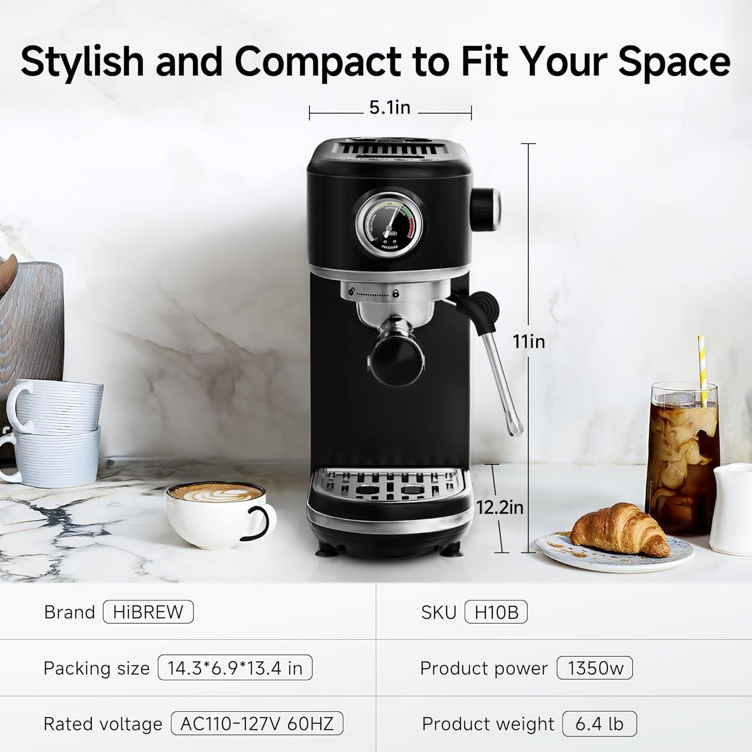 Máquina de Espresso HiBREW H10B - 51mm - Acero Inoxidable Negro