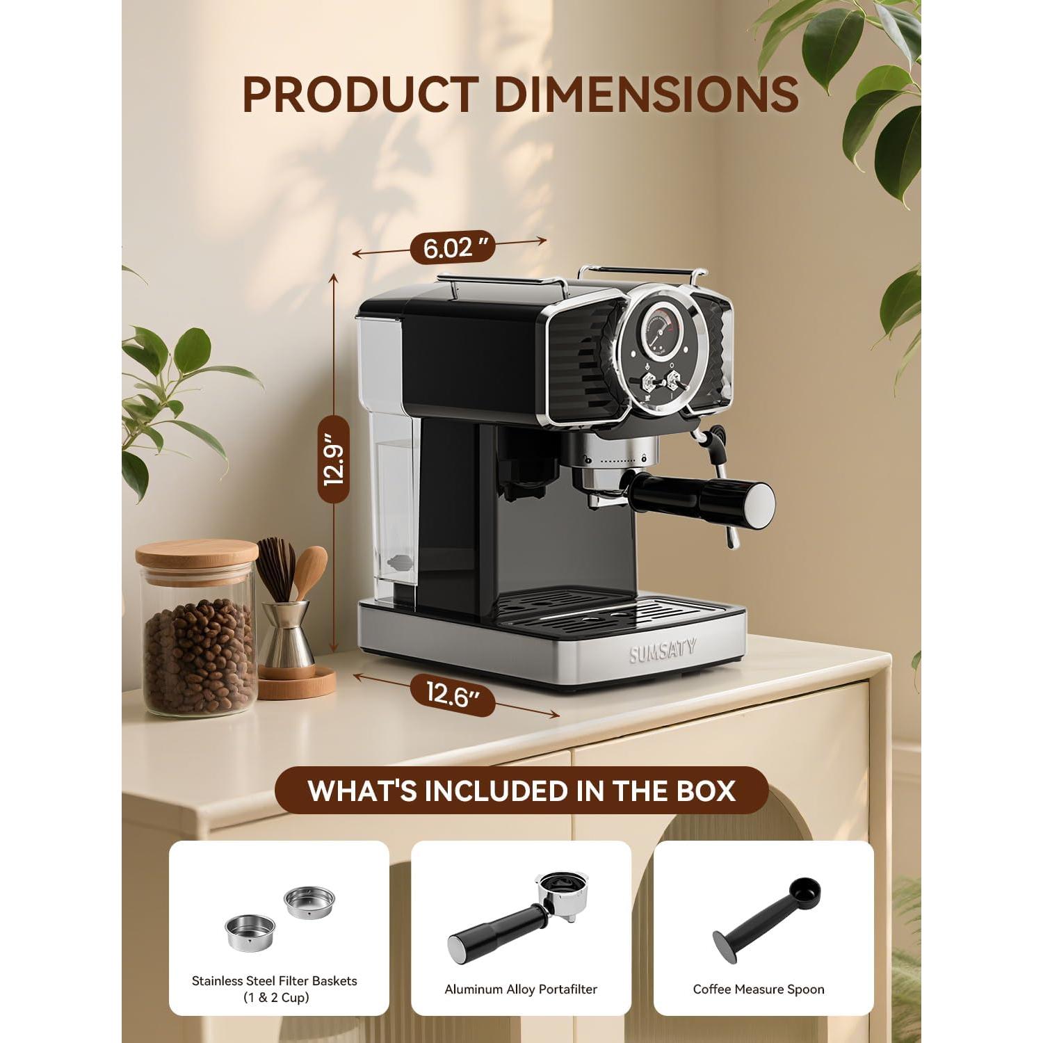 Máquina de Espresso SUMSATY 20 Bar Retro con Vaporizador 1.8L