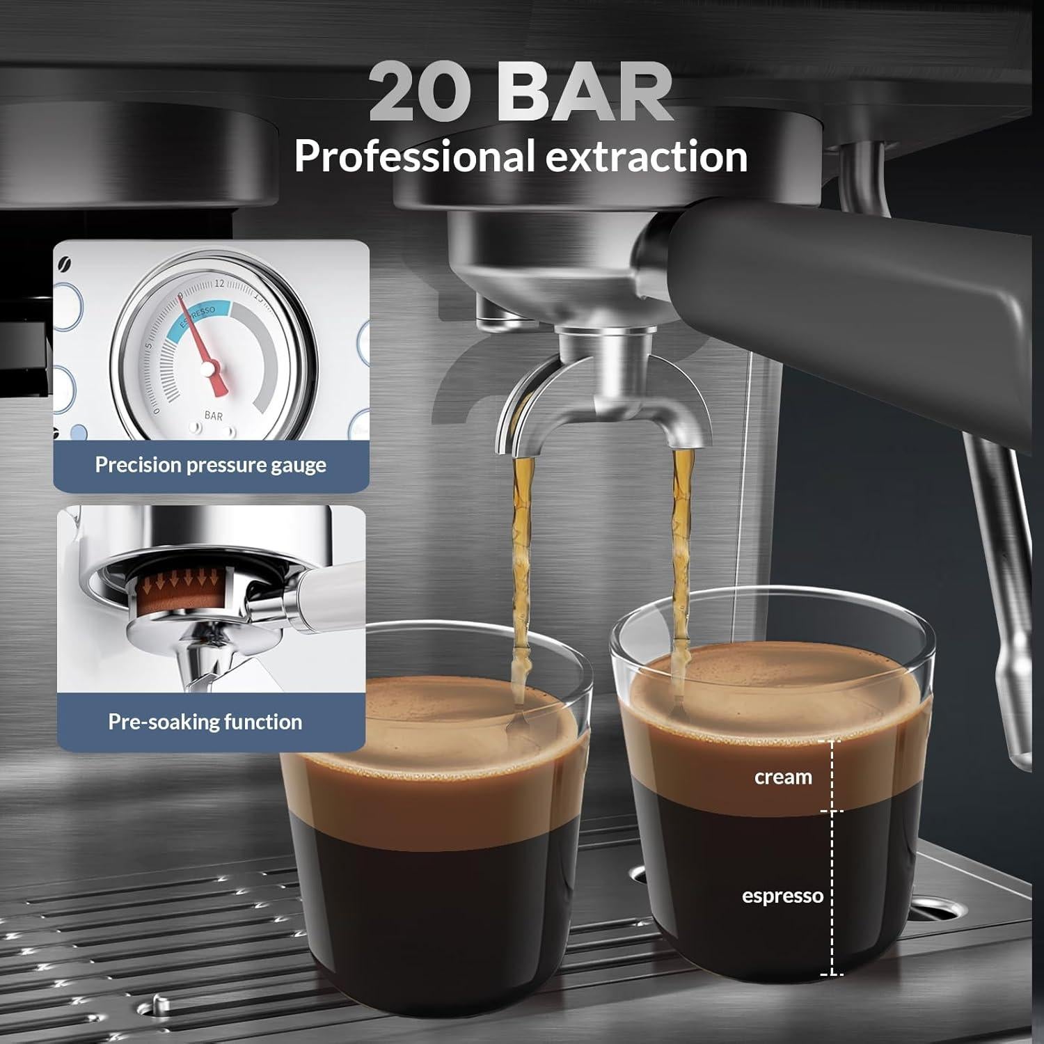 Máquina de Café Espresso GarveeHome 20 Bar con Molinillo 2.8L