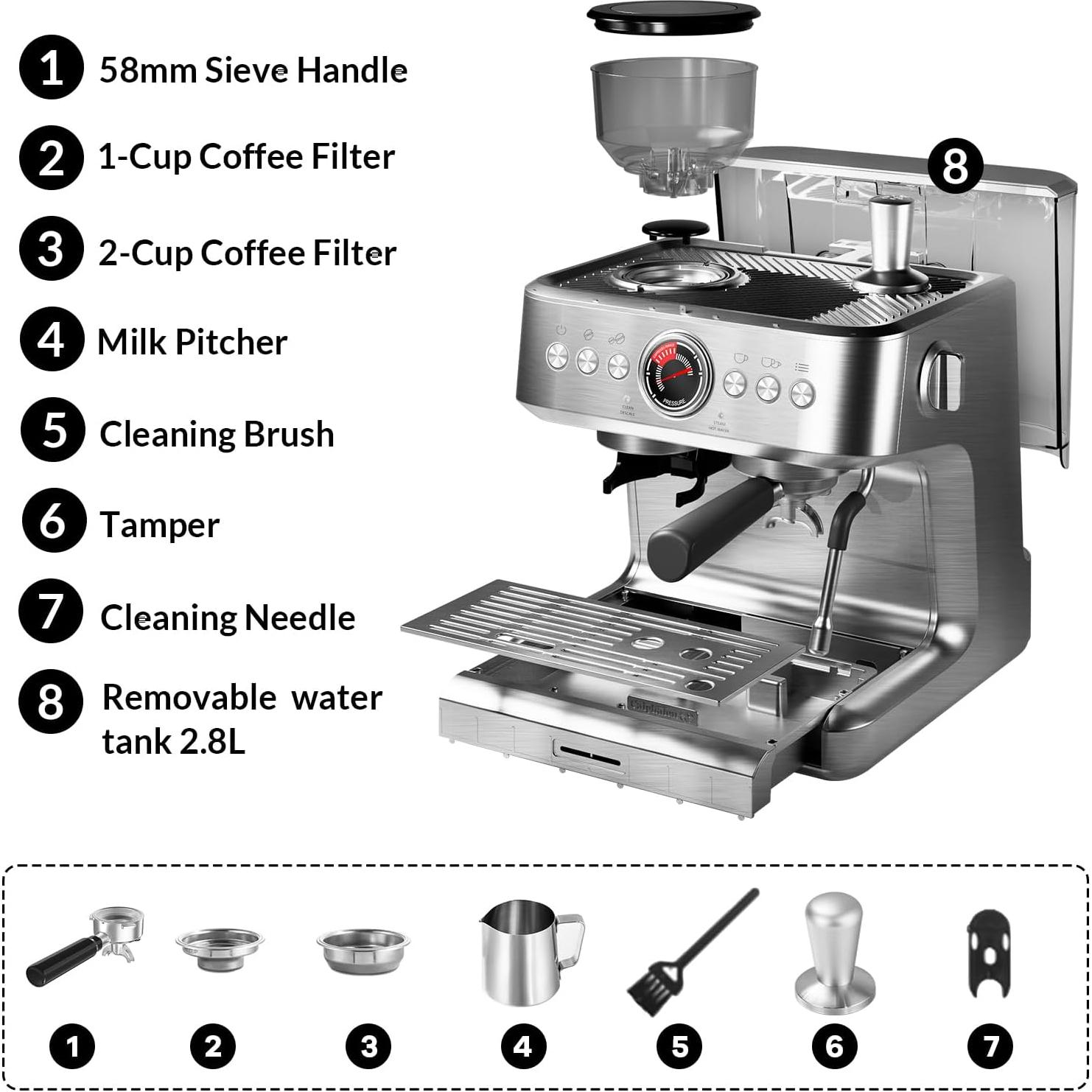 Máquina de Café Espresso GarveeHome 20 Bar con Molinillo 2.8L