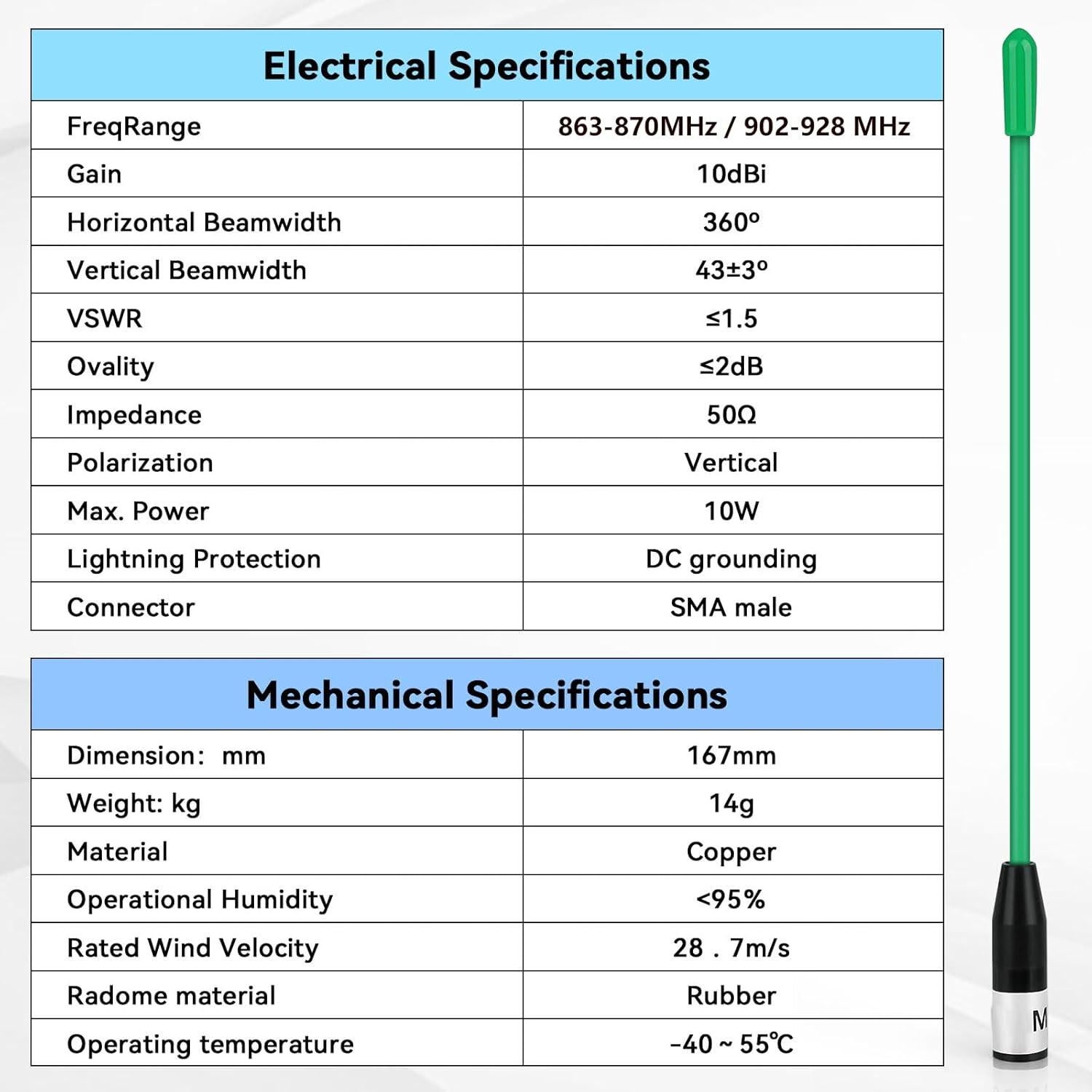 Antena LoRa Meshnology 915MHz 10dBi SMA Macho 17cm Verde