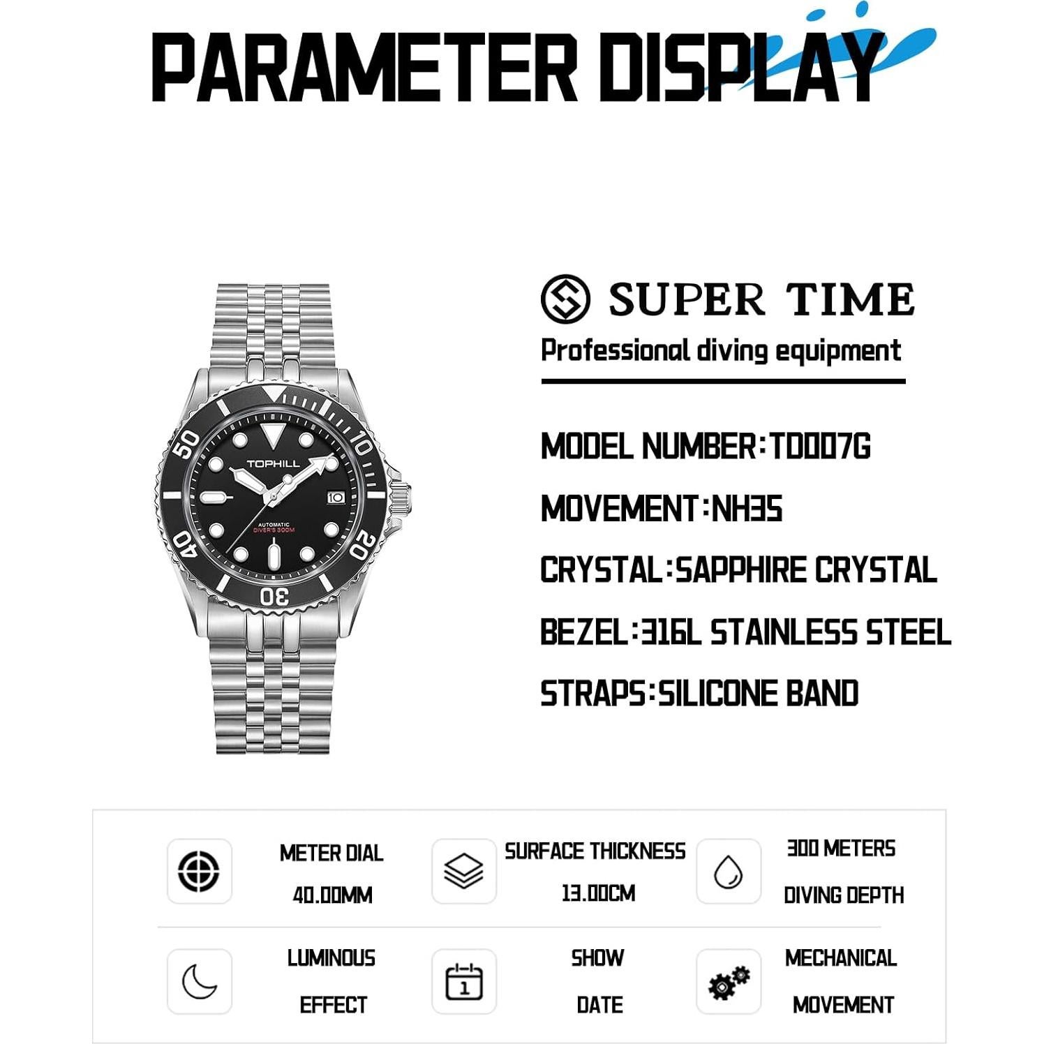 Reloj de Buceo Automático TOPHILL TD007 300m Negro