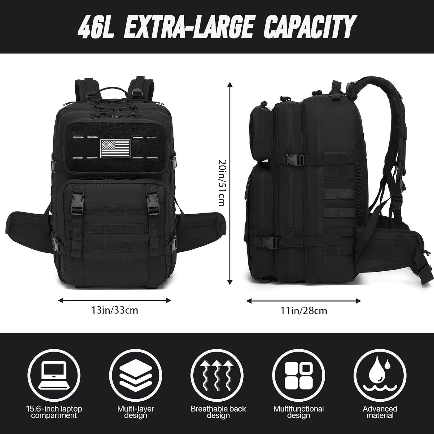 Mochila Táctica 46L Militar Unisex Negra - Resistente y Modular