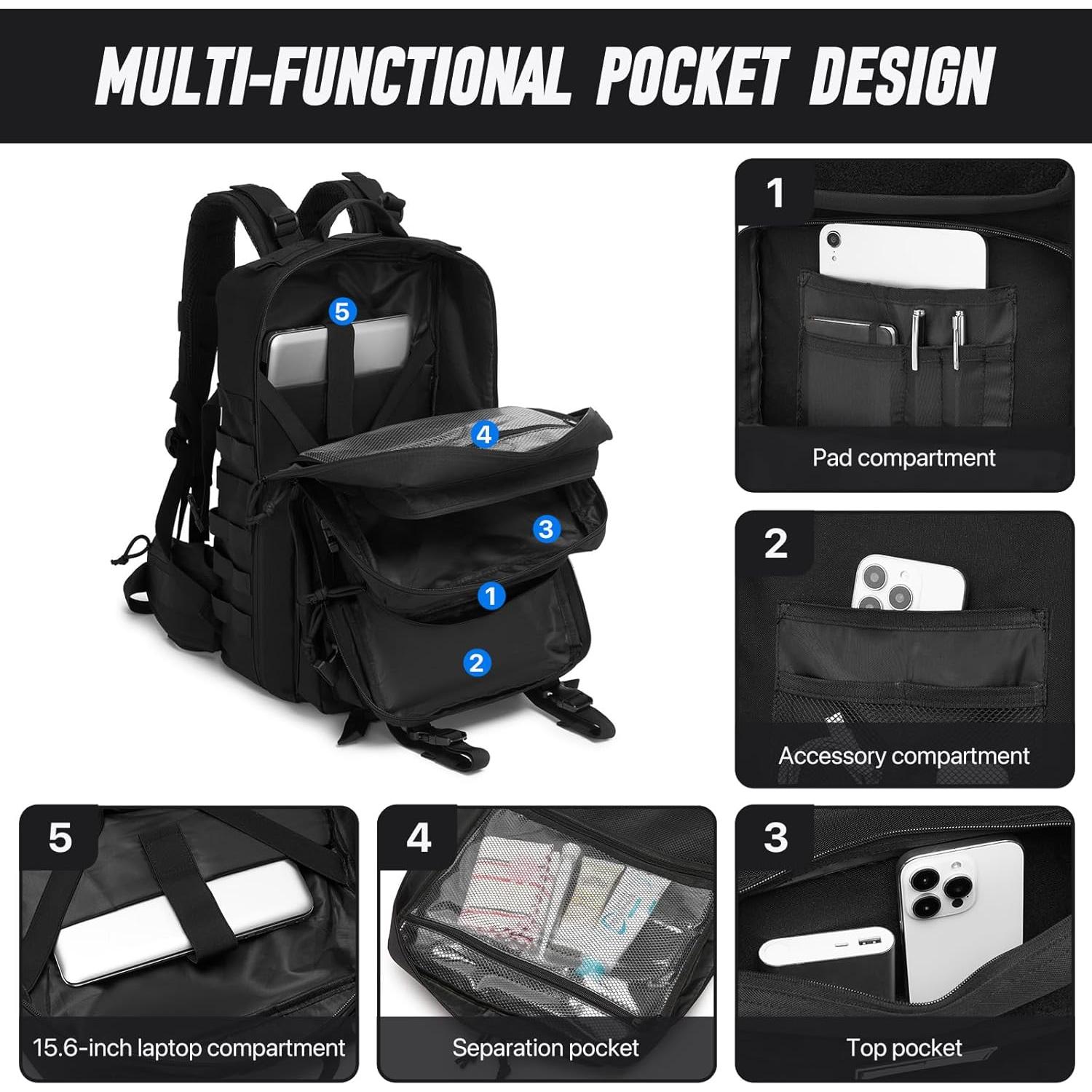 Mochila Táctica 46L Militar Unisex Negra - Resistente y Modular