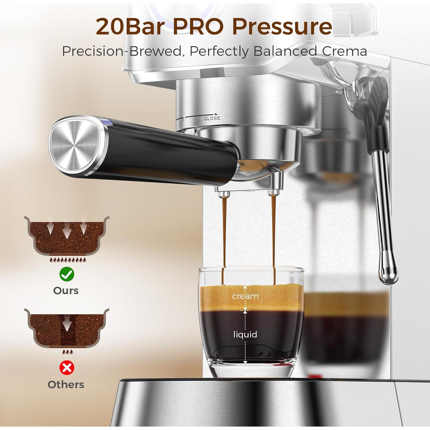 Máquina de Espresso Kndko 20 Bar Acero Inoxidable 1.2L