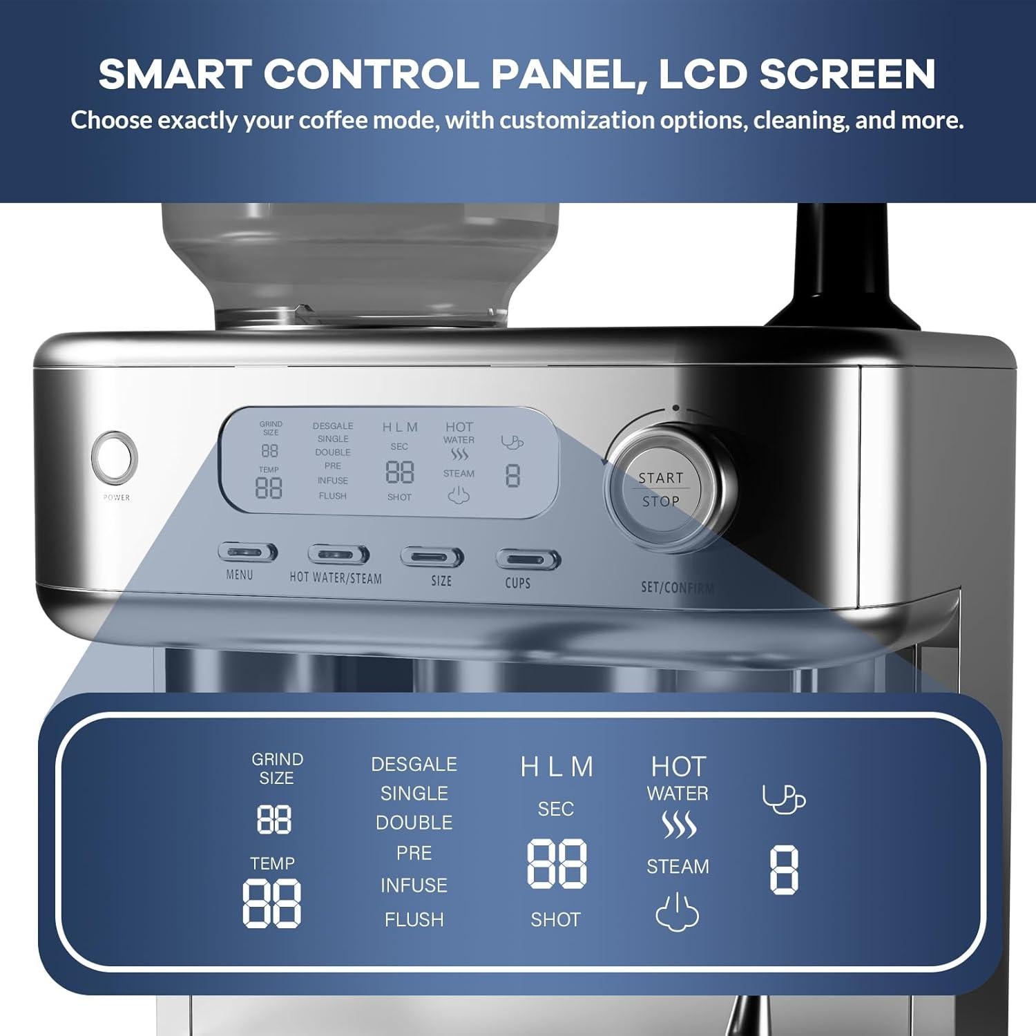 Máquina de Espresso GarveeHome 1350W con Molinillo y Espumador 2.3L