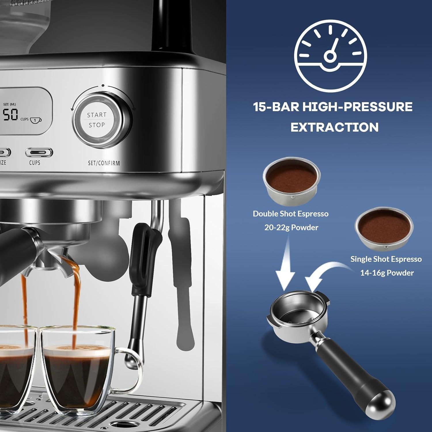 Máquina de Espresso GarveeHome 1350W con Molinillo y Espumador 2.3L