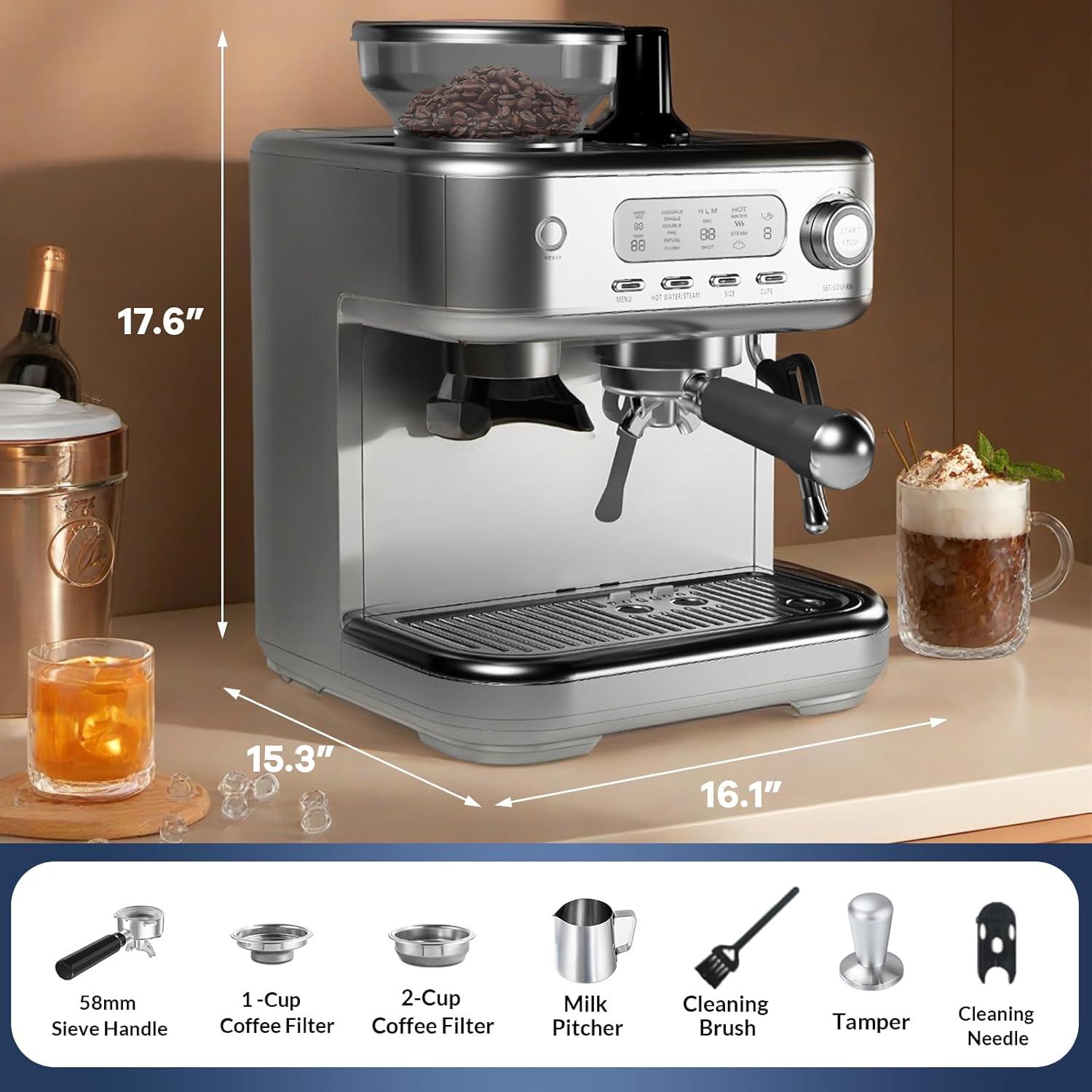 Máquina de Espresso GarveeHome 1350W con Molinillo y Espumador 2.3L