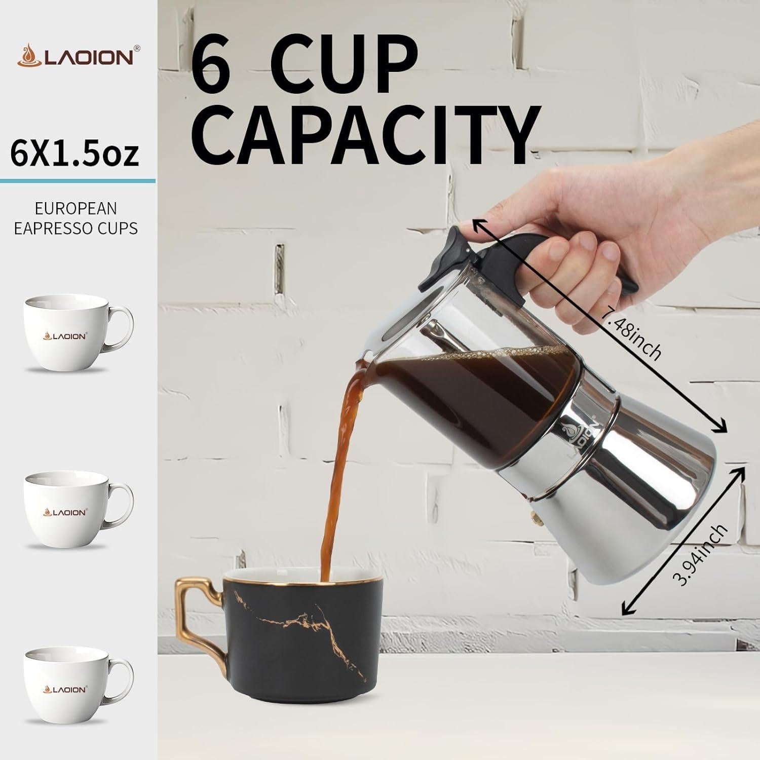 Cafetera Espresso Moka Pot LAOION 6 Tazas 240ml Acero Inoxidable