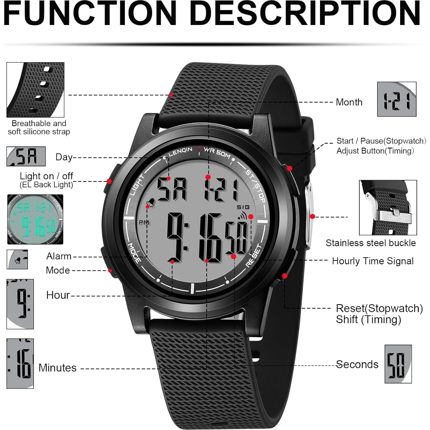 Reloj Digital Deportivo HANPOSH Hombre Impermeable LED Cronómetro
