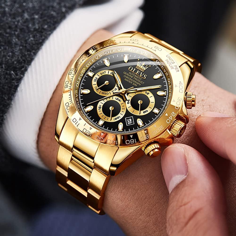Reloj automático OLEVS de lujo para hombres, acero inoxidable, oro