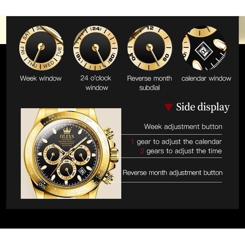 Reloj automático OLEVS de lujo para hombres, acero inoxidable, oro