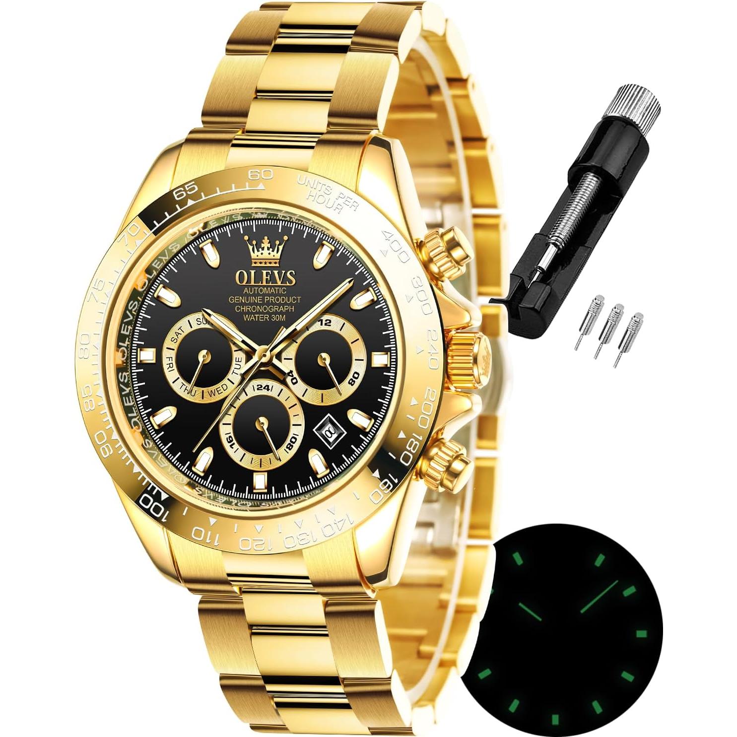 Reloj automático OLEVS de lujo para hombres, acero inoxidable, oro