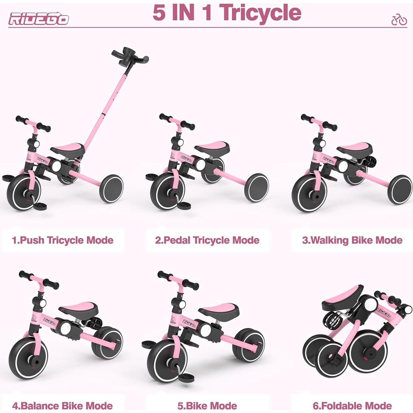 Triciclo 5 en 1 Ridego para Niños 2 a 5 Años Rosa