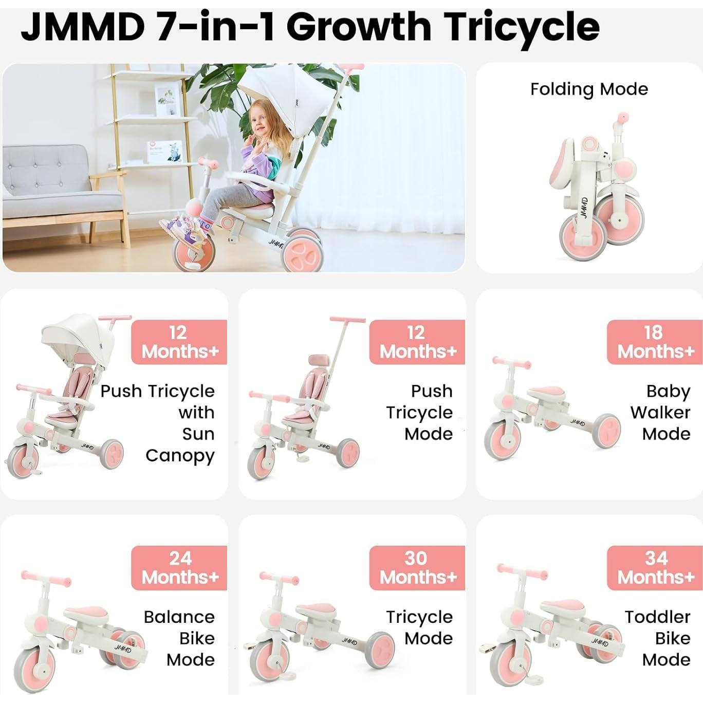 Triciclo Plegable 7 en 1 JMMD Rosa para Bebés 18 meses a 5 años