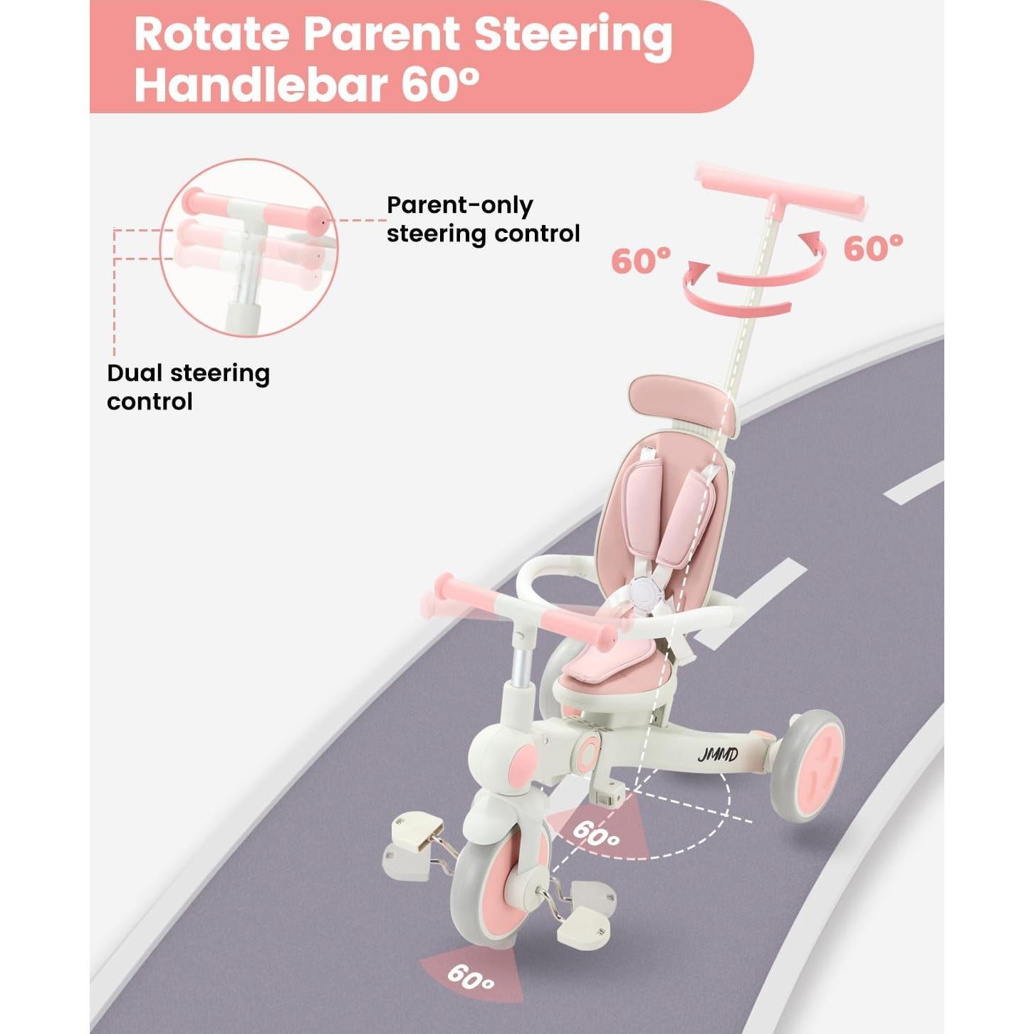 Triciclo Plegable 7 en 1 JMMD Rosa para Bebés 18 meses a 5 años