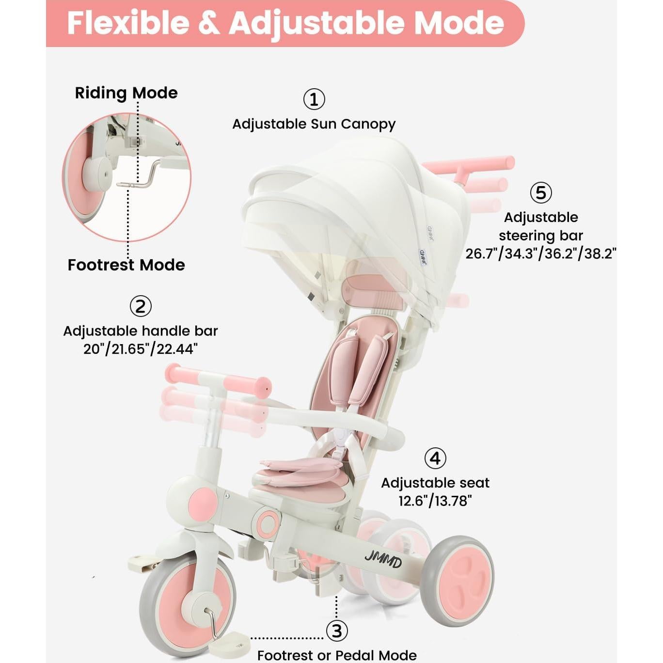 Triciclo Plegable 7 en 1 JMMD Rosa para Bebés 18 meses a 5 años