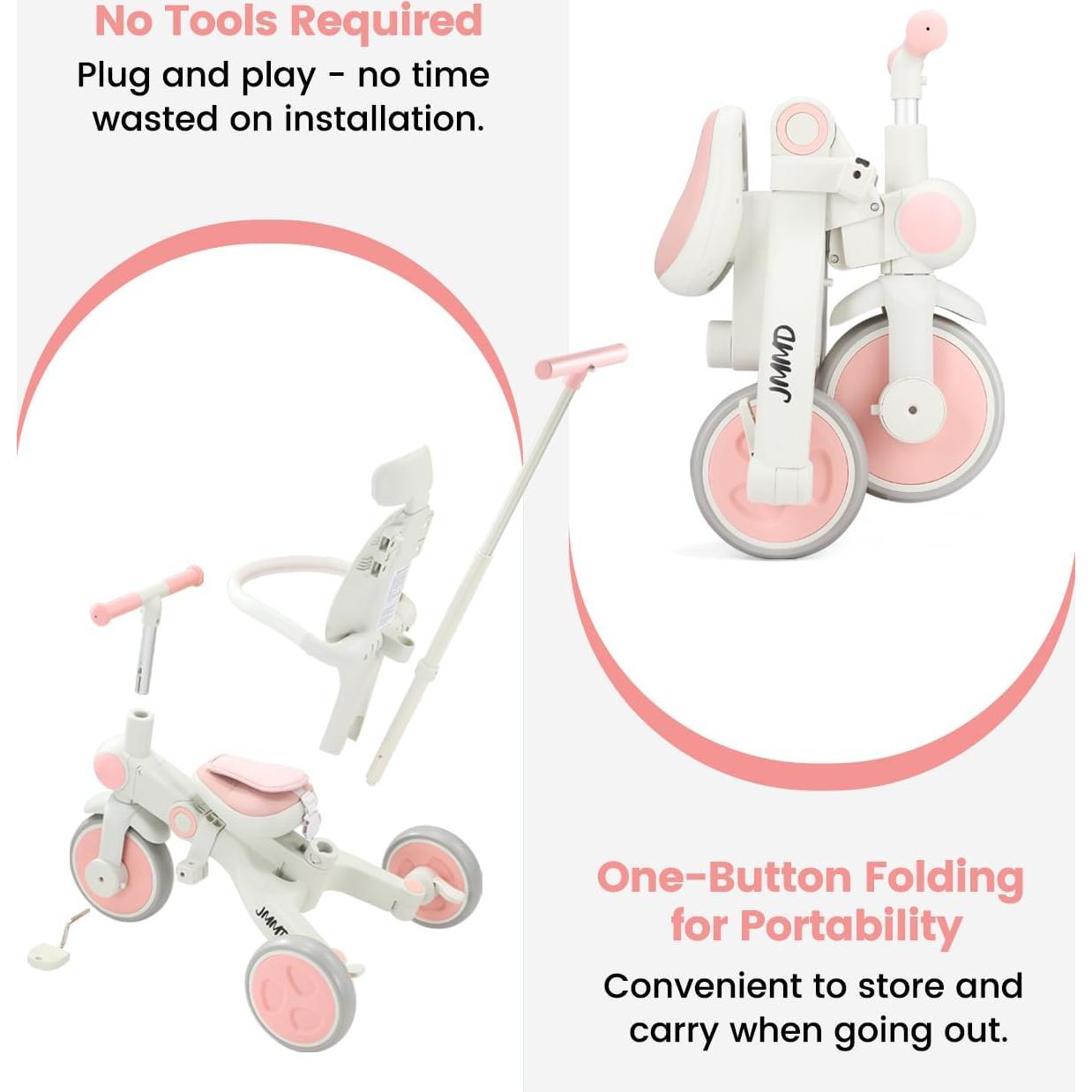 Triciclo Plegable 7 en 1 JMMD Rosa para Bebés 18 meses a 5 años