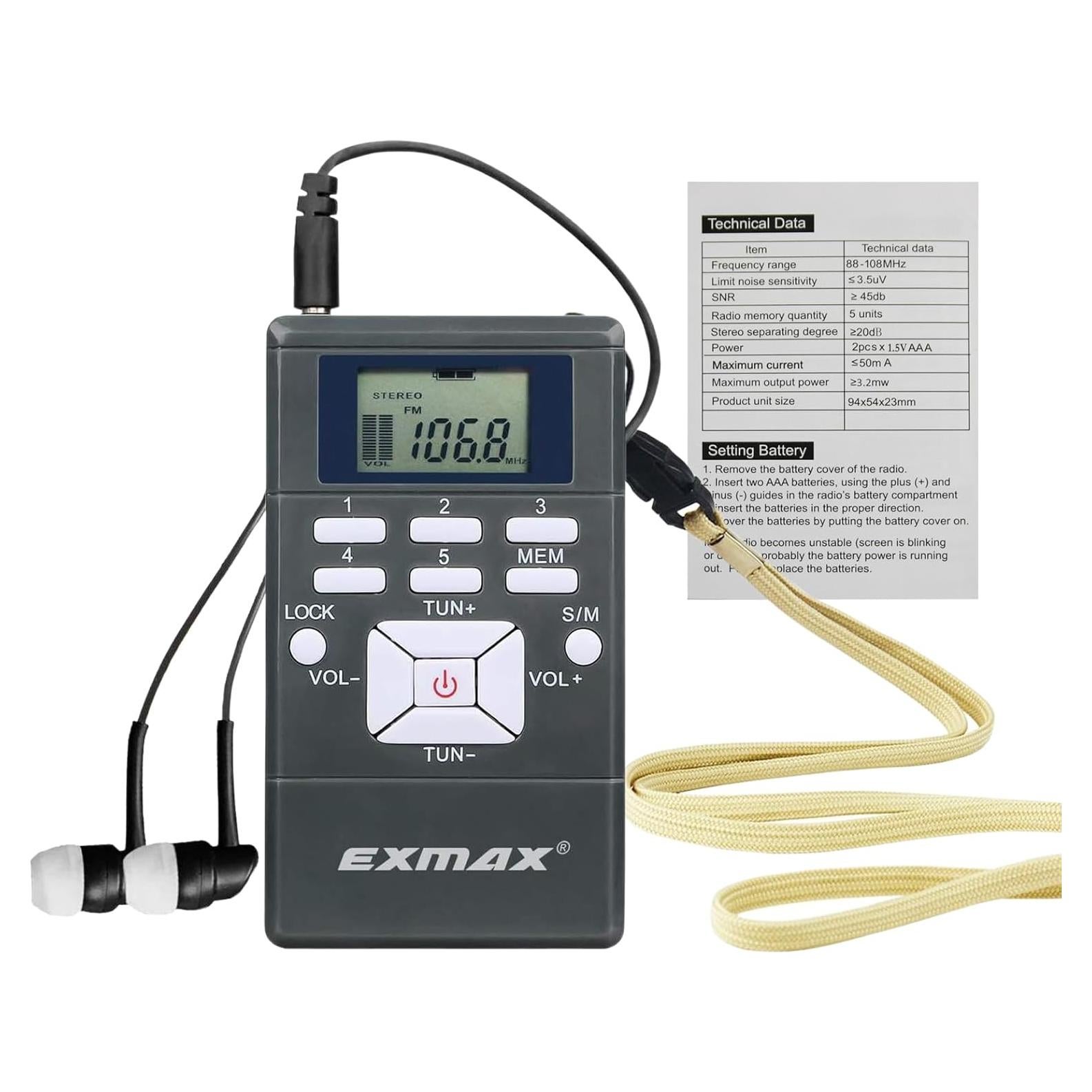 Receptor de Radio FM Inalámbrico EXMAX E108 Portátil con Auriculares