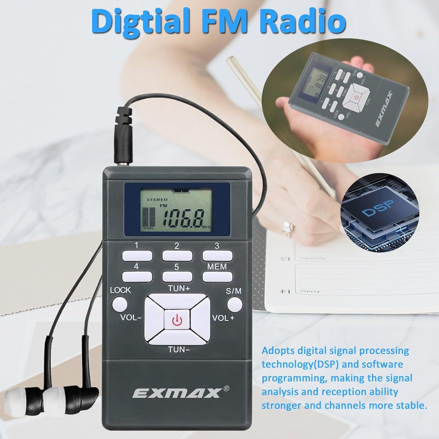 Receptor de Radio FM Inalámbrico EXMAX E108 Portátil con Auriculares