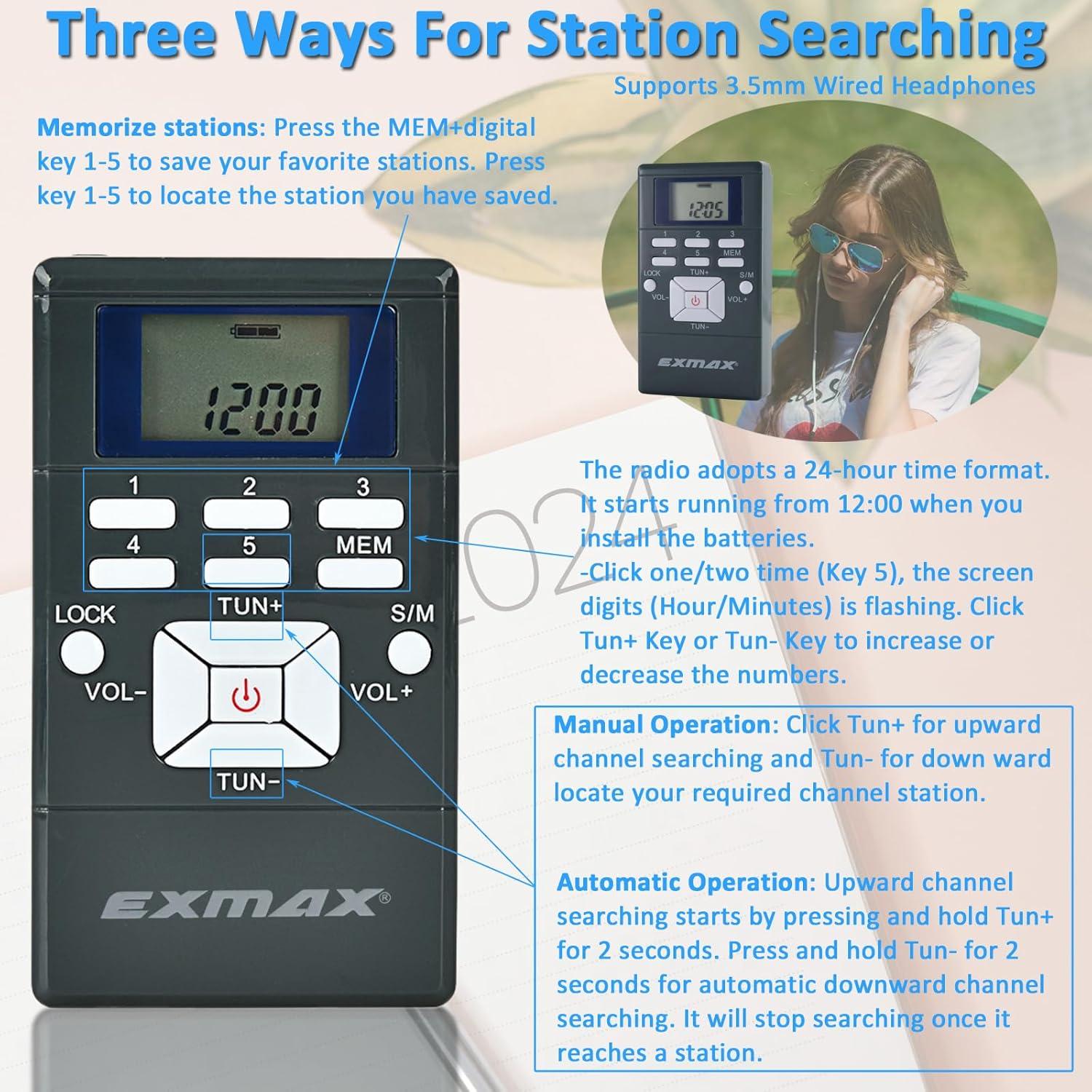 Receptor de Radio FM Inalámbrico EXMAX E108 Portátil con Auriculares