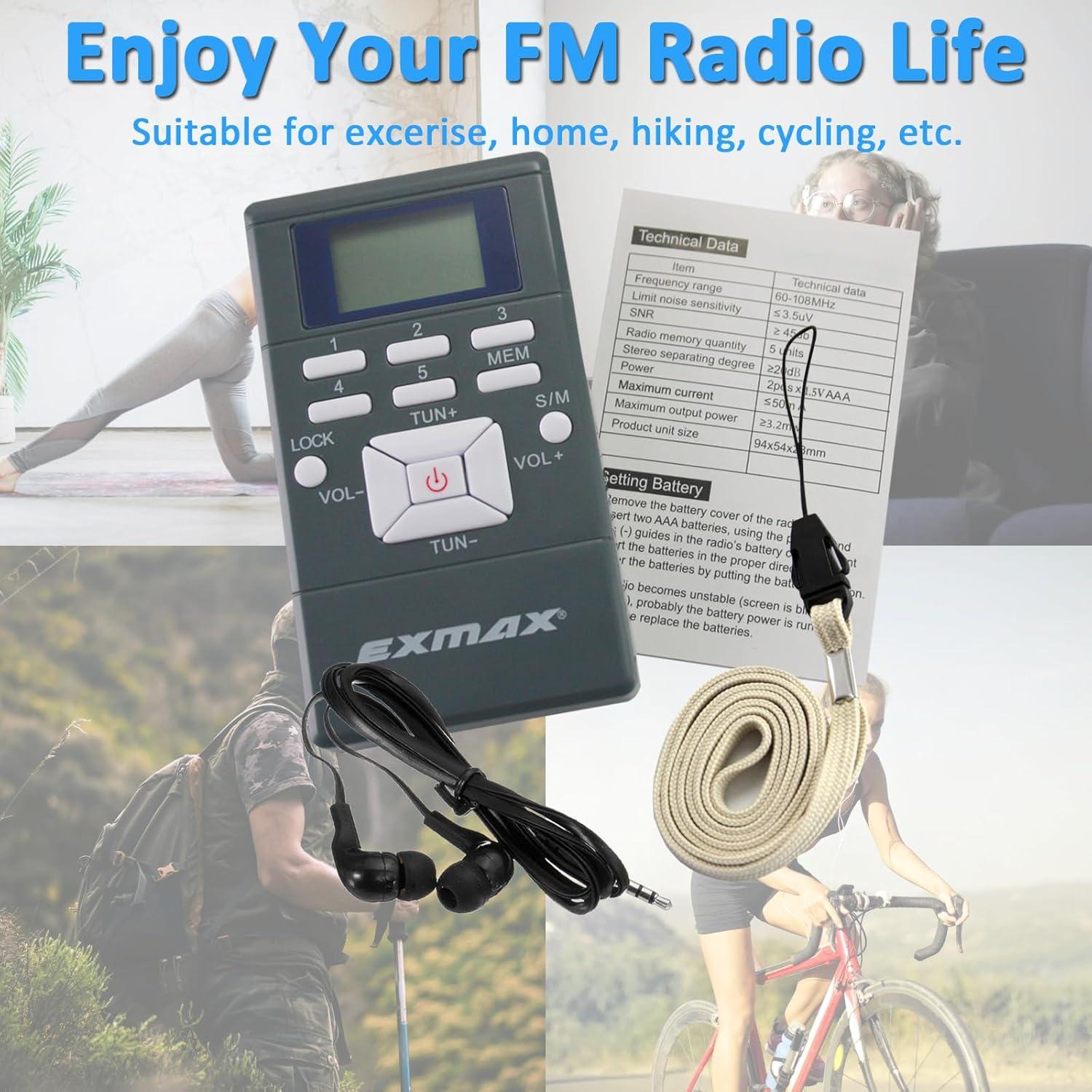 Receptor de Radio FM Inalámbrico EXMAX E108 Portátil con Auriculares