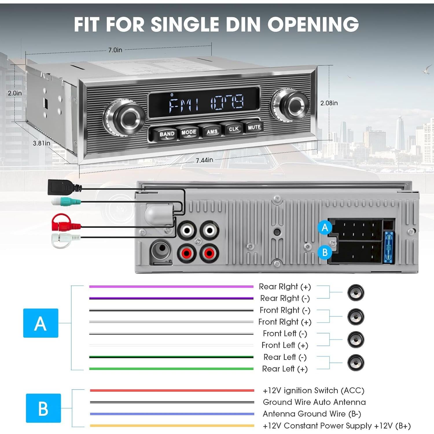 Radio Retro Bluetooth SOUNDKITS Un Din para Auto - Estéreo Vintage
