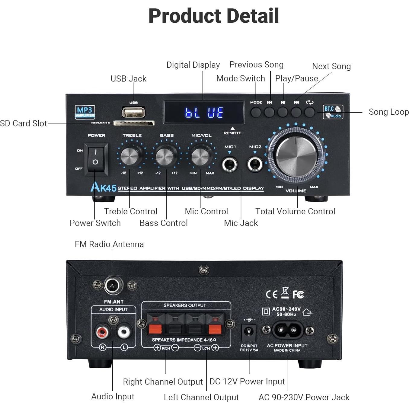 Receptor Estéreo Bluetooth NEOHIPO AK-45 40W+40W con Micrófono