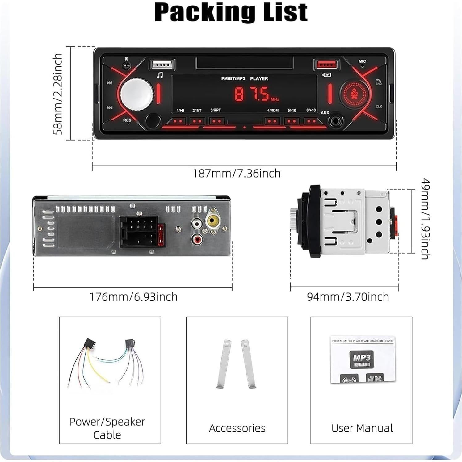 Estéreo de Coche Bluetooth CAMECHO 1 Din FM USB MP3
