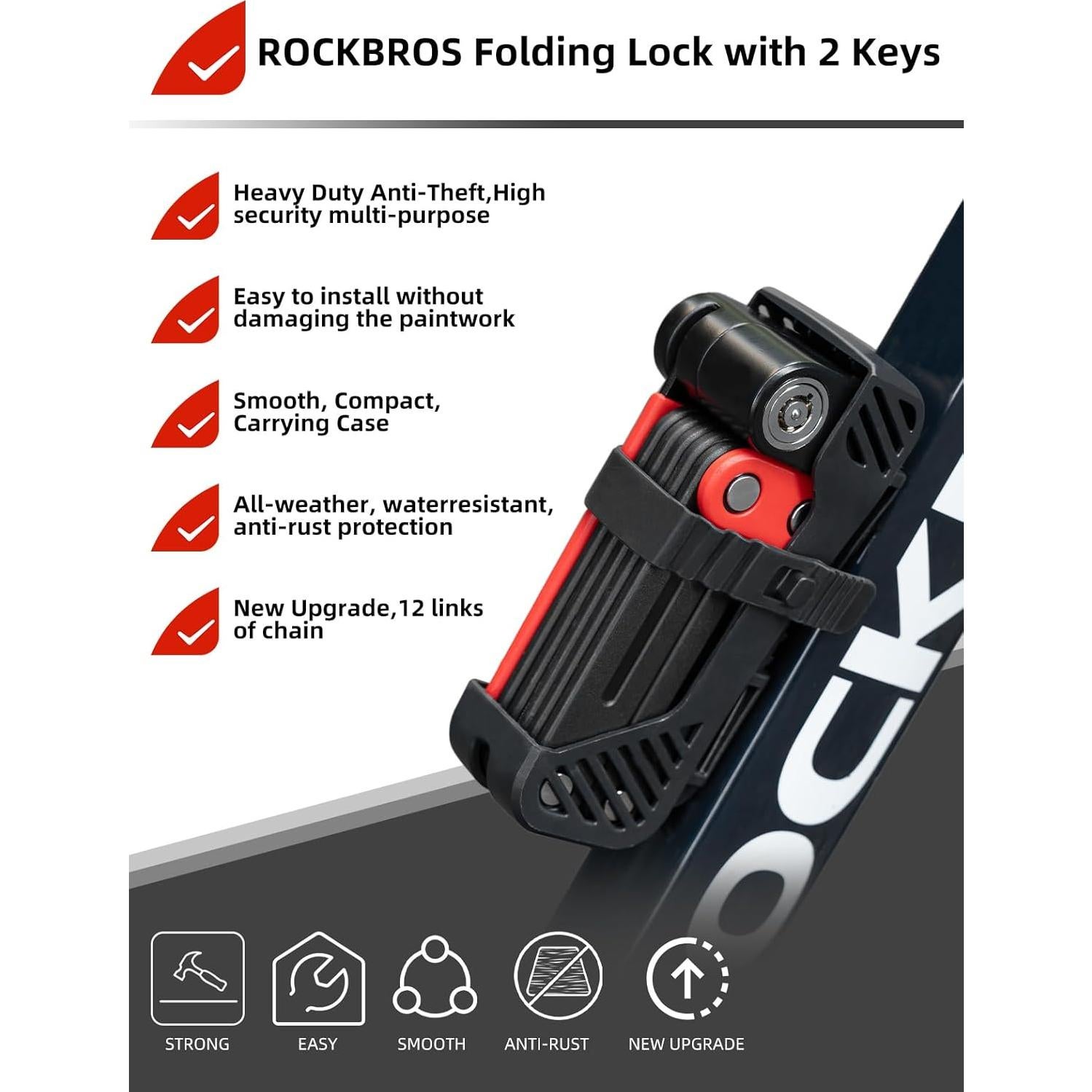 Candado Plegable para Bicicleta ROCKBROS 120cm Rojo con 2 Llaves