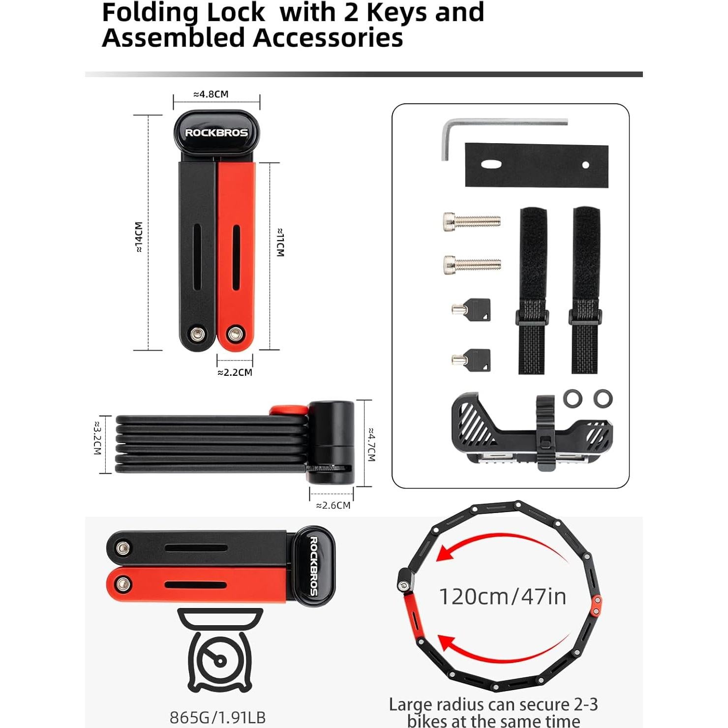 Candado Plegable para Bicicleta ROCKBROS 120cm Rojo con 2 Llaves