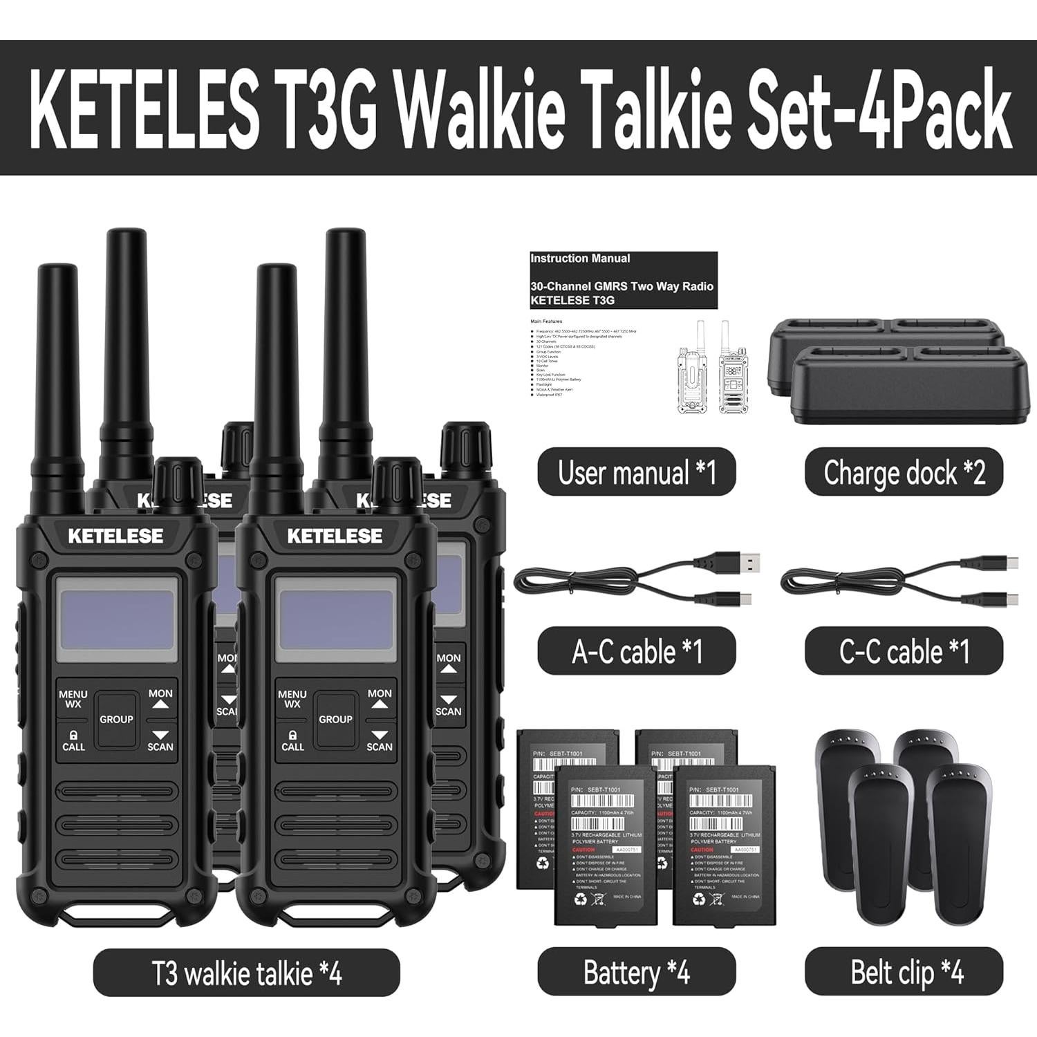 Walkie Talkies KETELESE T3G IP67 Recargables 4 Pack