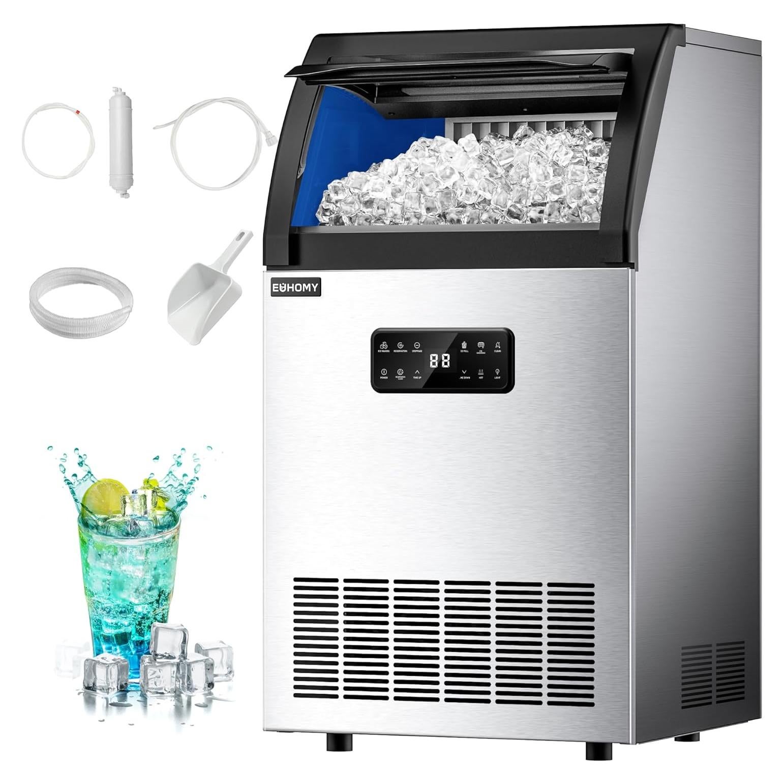 EUHOMY Commercial Ice Maker,100lbs/24H,Stainless Steel Under Counter Ice Machine with Water Filter,33lbs Storage Capacity, 45 Cubes in 8-12 Mins, Freestanding Ice Machine for Home/Bar/Cafe/Restaurant