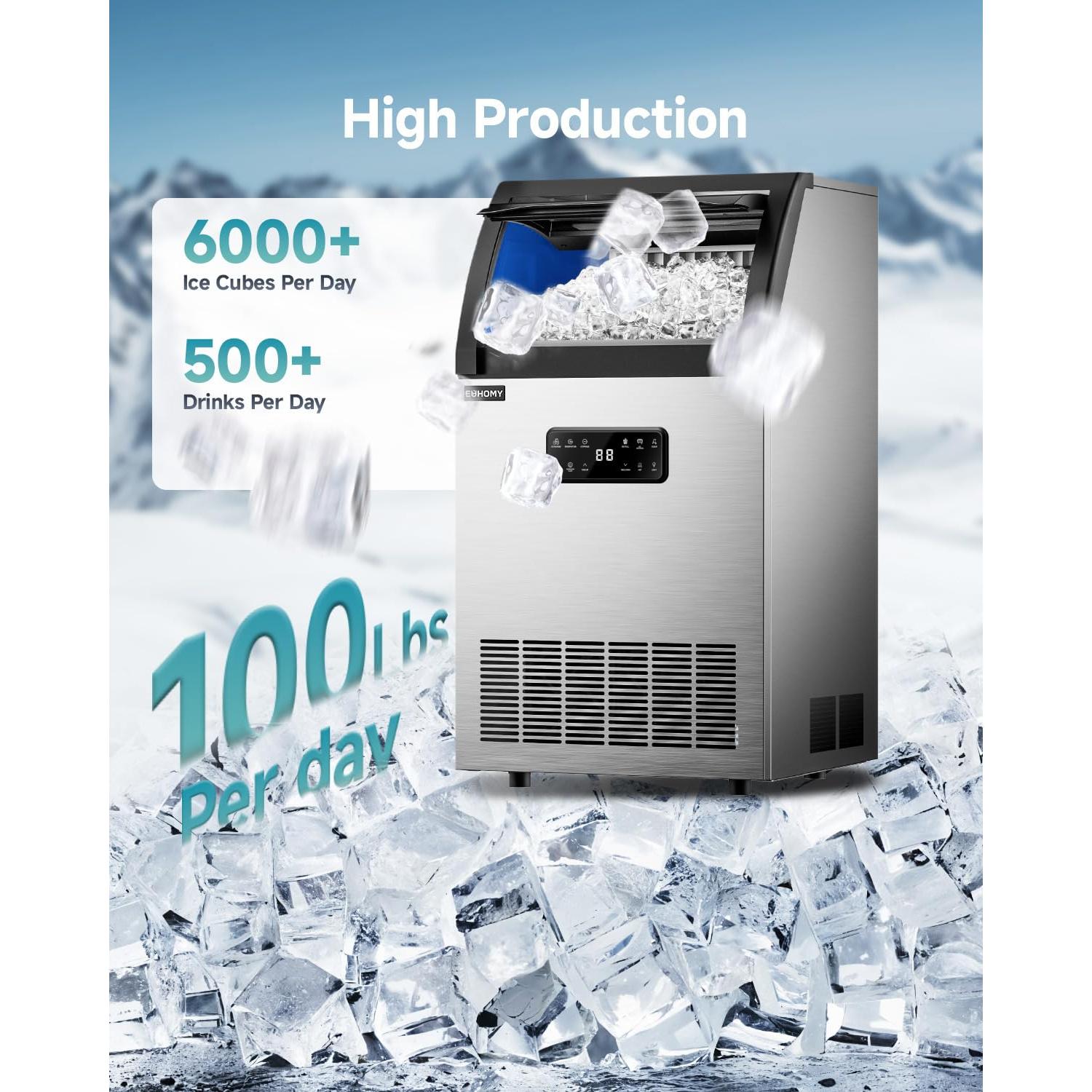 EUHOMY Commercial Ice Maker,100lbs/24H,Stainless Steel Under Counter Ice Machine with Water Filter,33lbs Storage Capacity, 45 Cubes in 8-12 Mins, Freestanding Ice Machine for Home/Bar/Cafe/Restaurant
