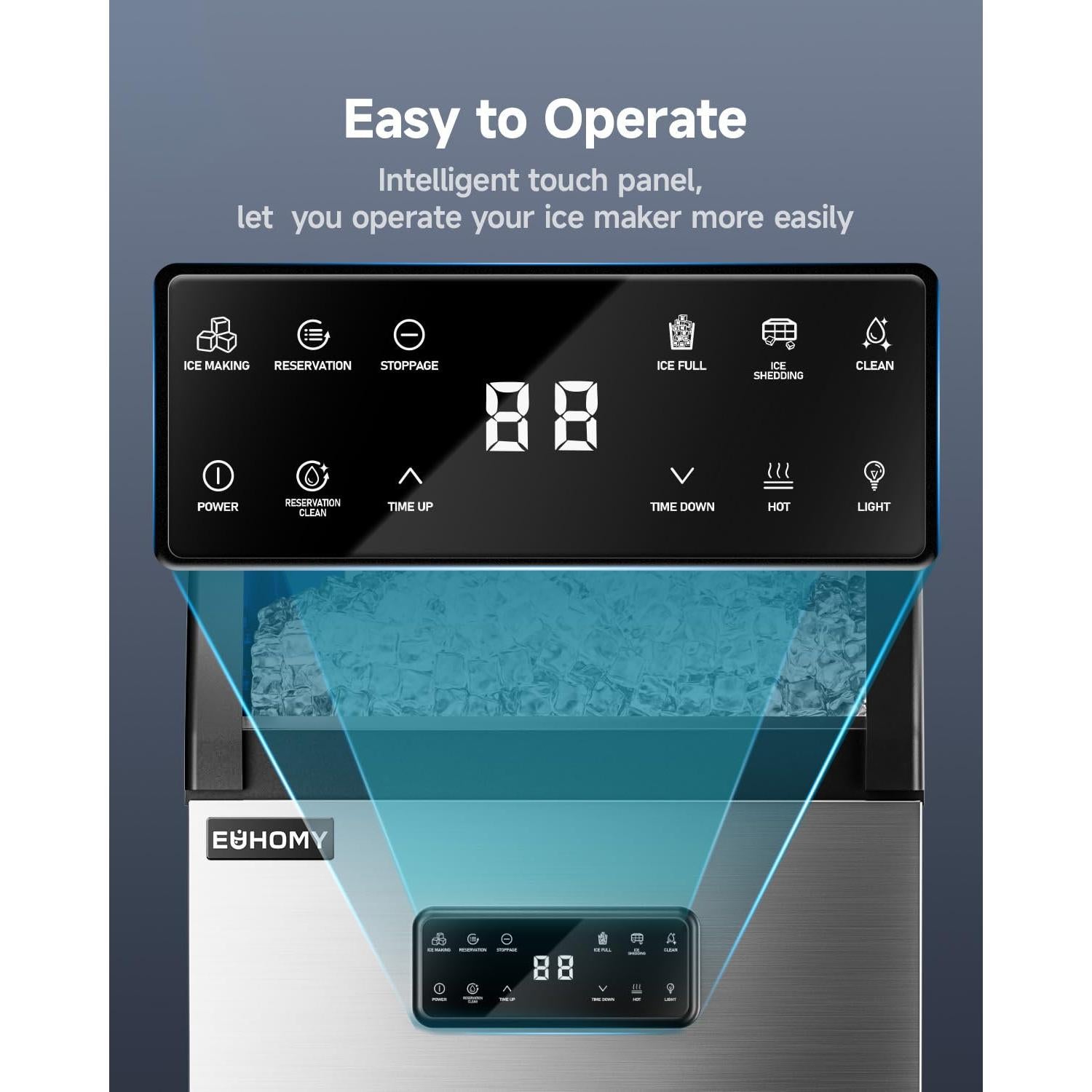 EUHOMY Commercial Ice Maker,100lbs/24H,Stainless Steel Under Counter Ice Machine with Water Filter,33lbs Storage Capacity, 45 Cubes in 8-12 Mins, Freestanding Ice Machine for Home/Bar/Cafe/Restaurant