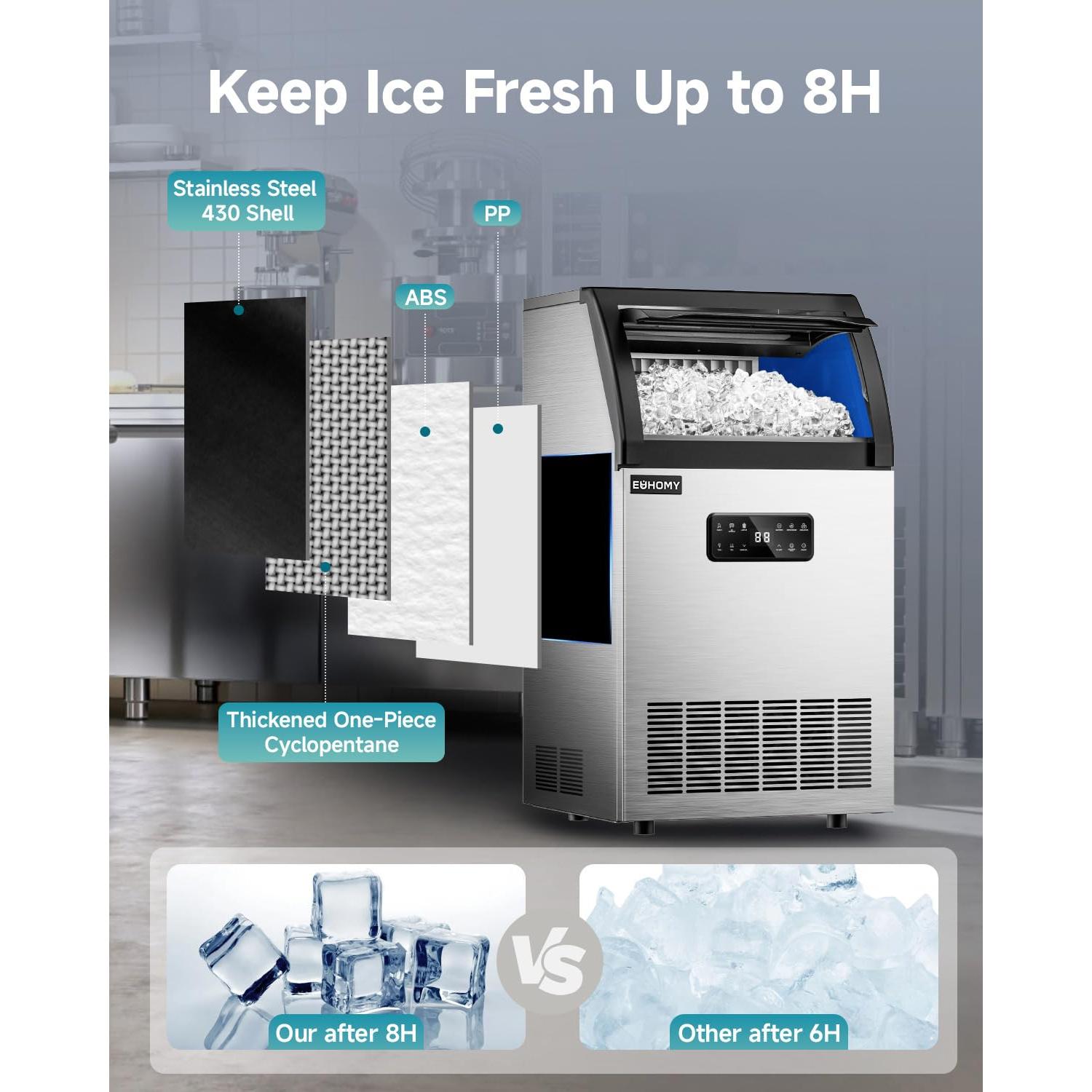 EUHOMY Commercial Ice Maker,100lbs/24H,Stainless Steel Under Counter Ice Machine with Water Filter,33lbs Storage Capacity, 45 Cubes in 8-12 Mins, Freestanding Ice Machine for Home/Bar/Cafe/Restaurant