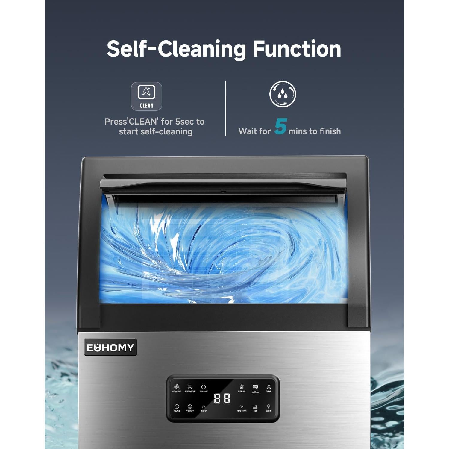 EUHOMY Commercial Ice Maker,100lbs/24H,Stainless Steel Under Counter Ice Machine with Water Filter,33lbs Storage Capacity, 45 Cubes in 8-12 Mins, Freestanding Ice Machine for Home/Bar/Cafe/Restaurant