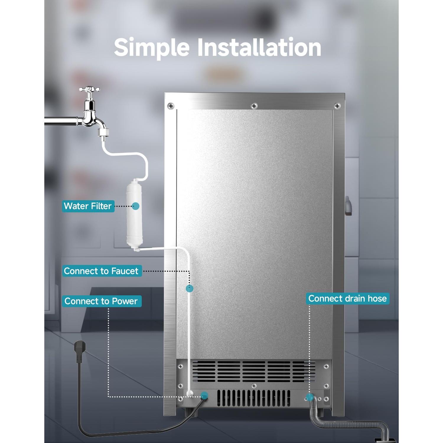 EUHOMY Commercial Ice Maker,100lbs/24H,Stainless Steel Under Counter Ice Machine with Water Filter,33lbs Storage Capacity, 45 Cubes in 8-12 Mins, Freestanding Ice Machine for Home/Bar/Cafe/Restaurant