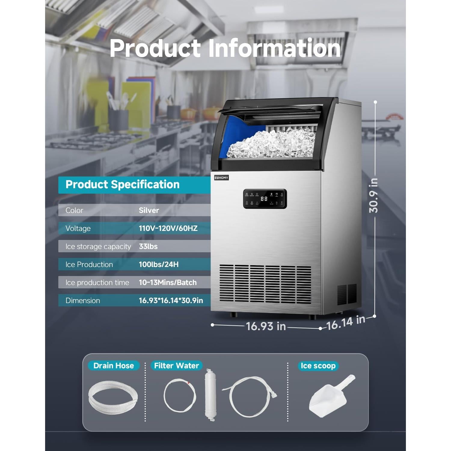 EUHOMY Commercial Ice Maker,100lbs/24H,Stainless Steel Under Counter Ice Machine with Water Filter,33lbs Storage Capacity, 45 Cubes in 8-12 Mins, Freestanding Ice Machine for Home/Bar/Cafe/Restaurant