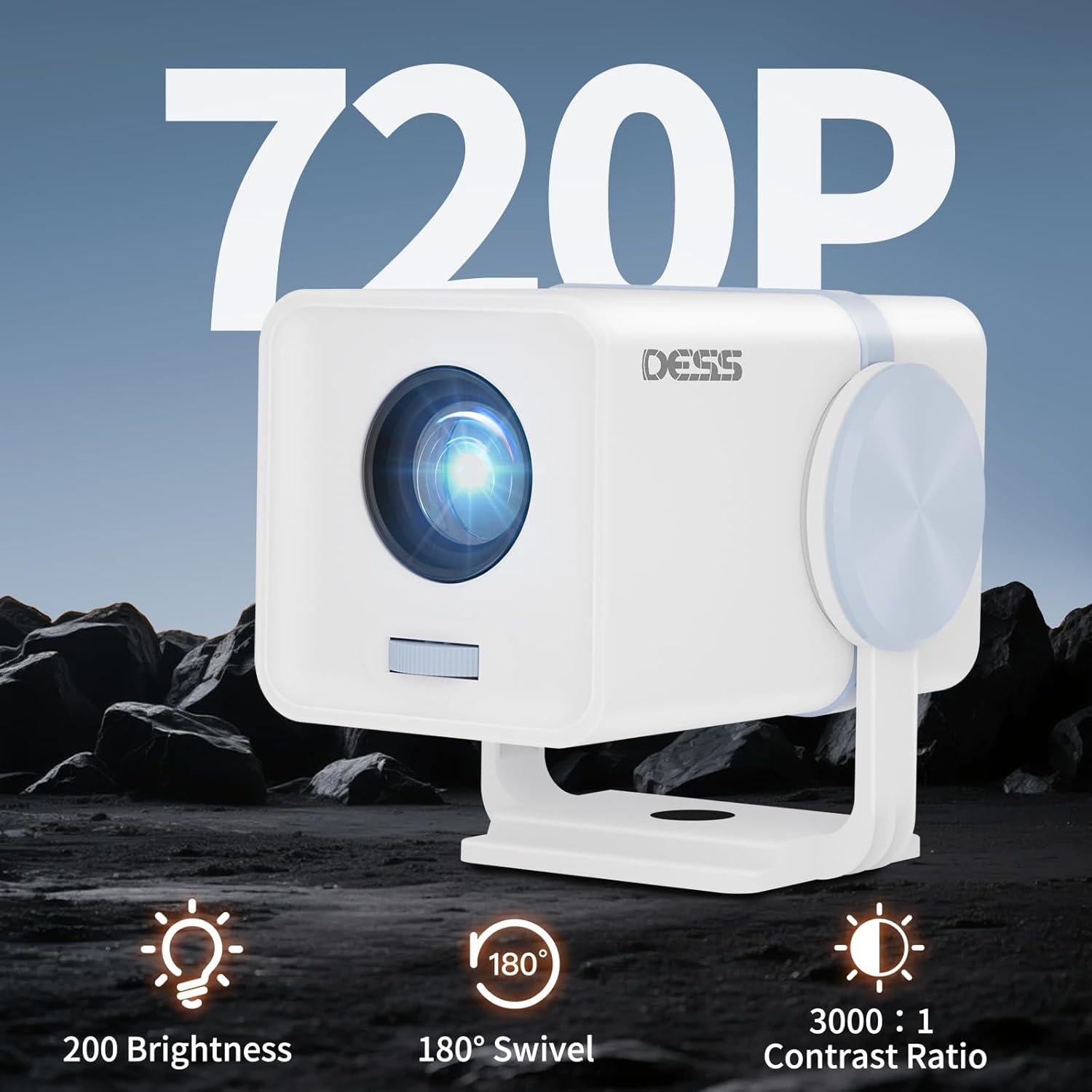 Proyector Portátil DESS T1 720P WiFi6 Bluetooth 180° Blanco