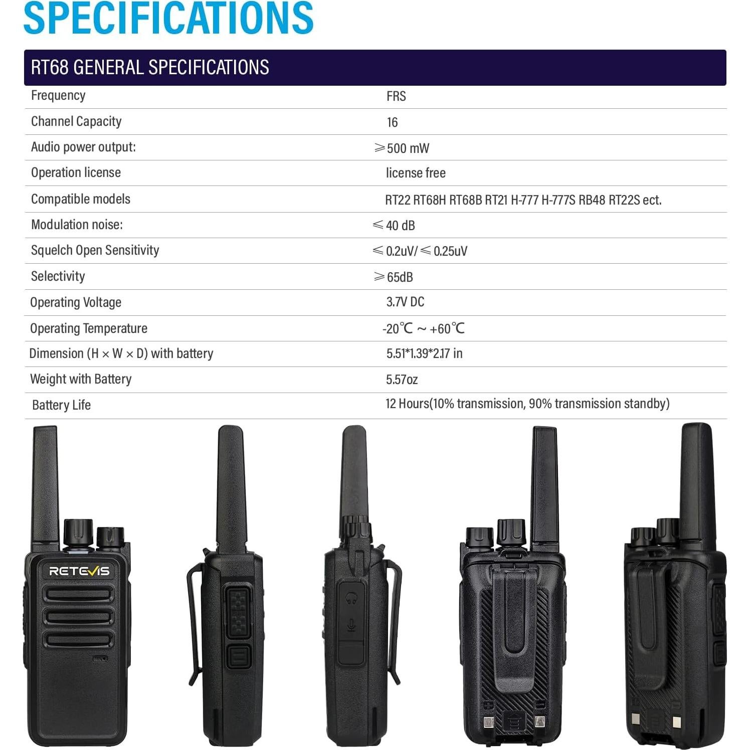 Walkie Talkies Retevis RT68 Recargables FRS 2 Paquete