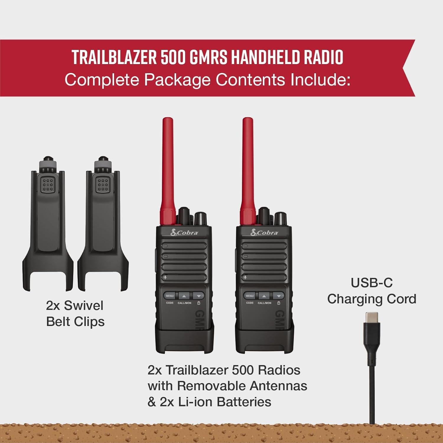 Walkie Talkies Cobra TrailBlazer 500 GMRS - Paquete de 2, 16h Batería, IP54